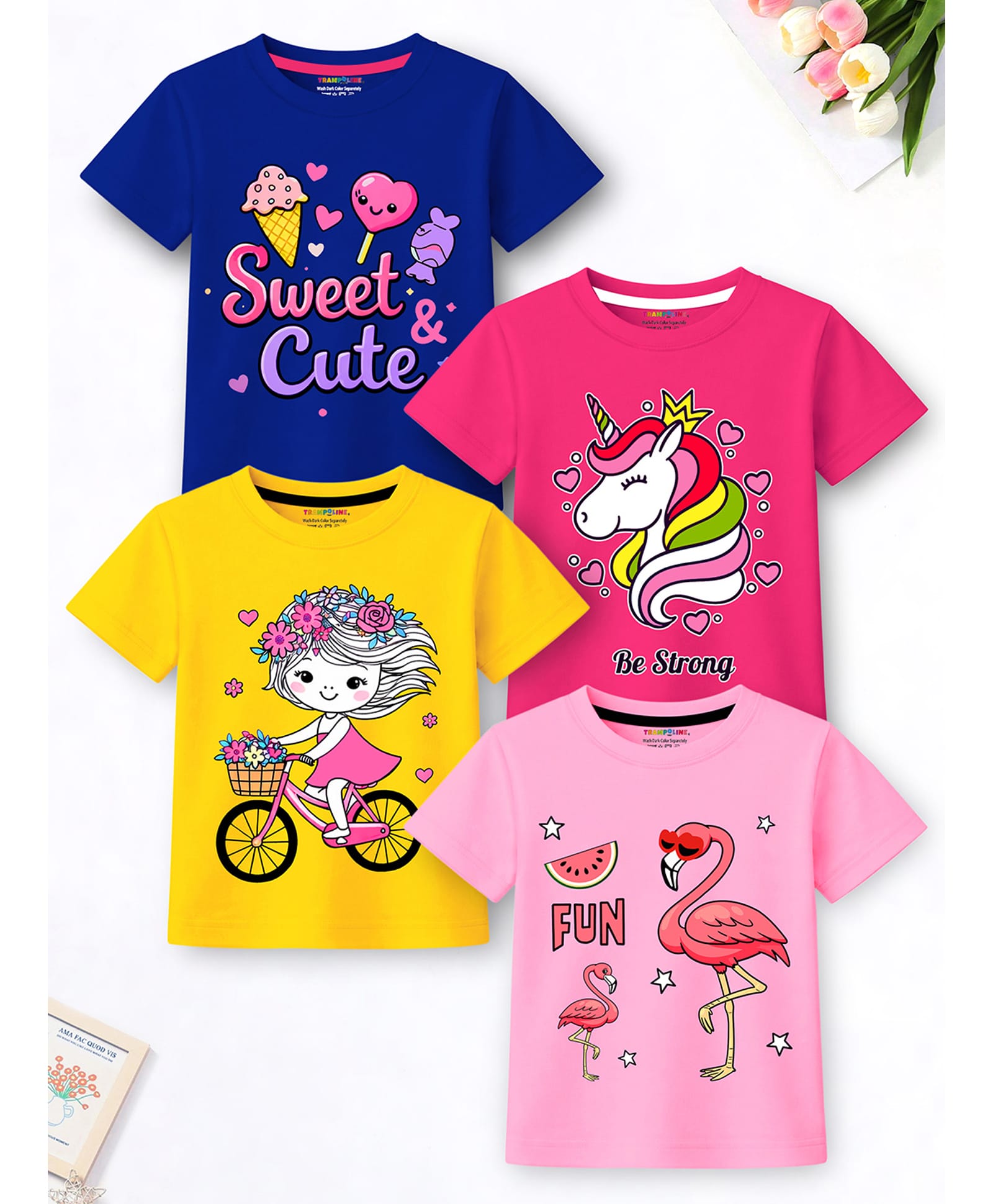 Trampoline Cotton Blend Knit Pack Of 4 Half Sleeves Unicorn & Sweets Printed Tees - Multi Colour-image-48