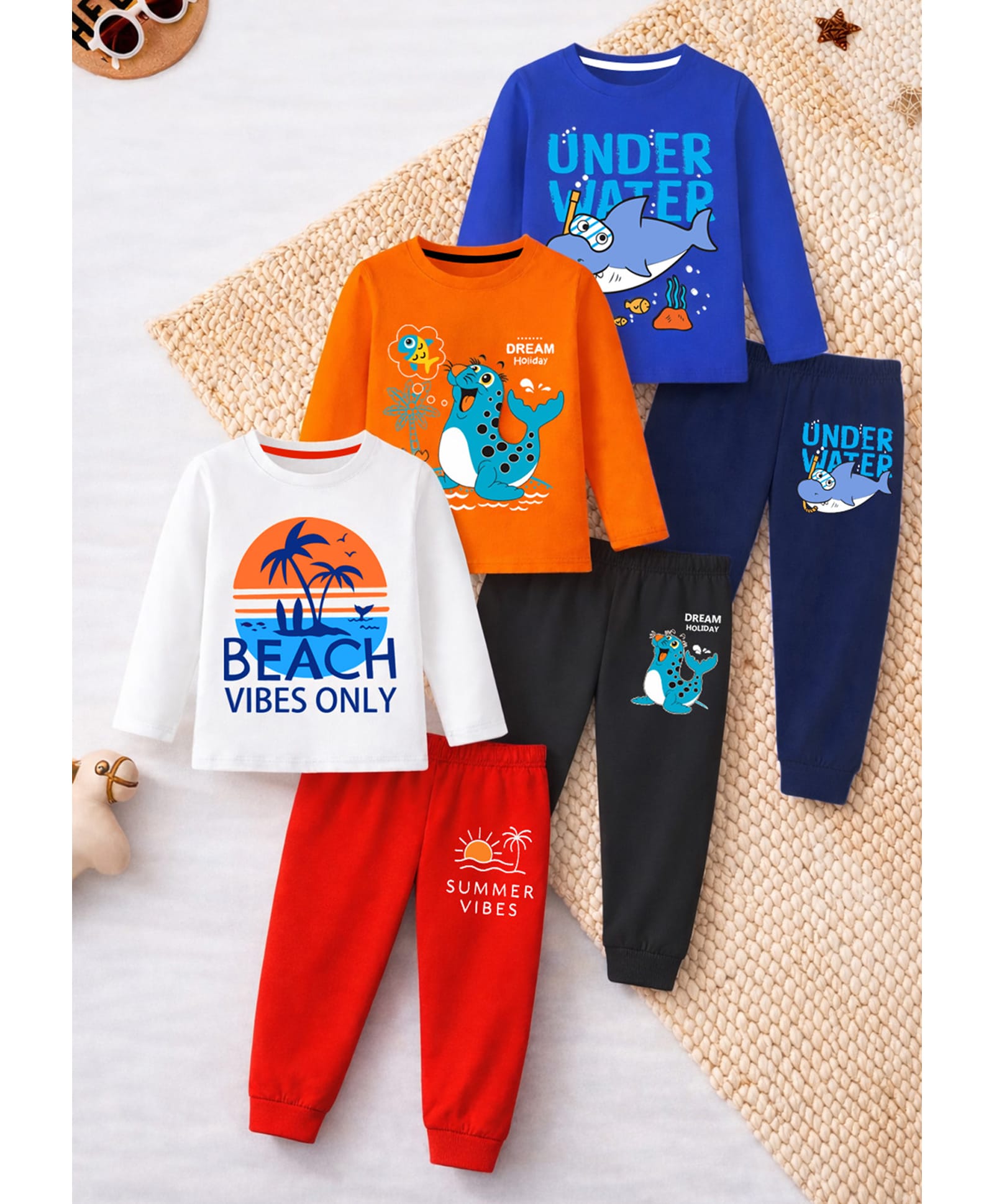 Trampoline Cotton Blend Knit Pack Of 3 Full Sleeves Beach Theme & See Life Printed Tee & Pants Set - Multi Colour-image-34