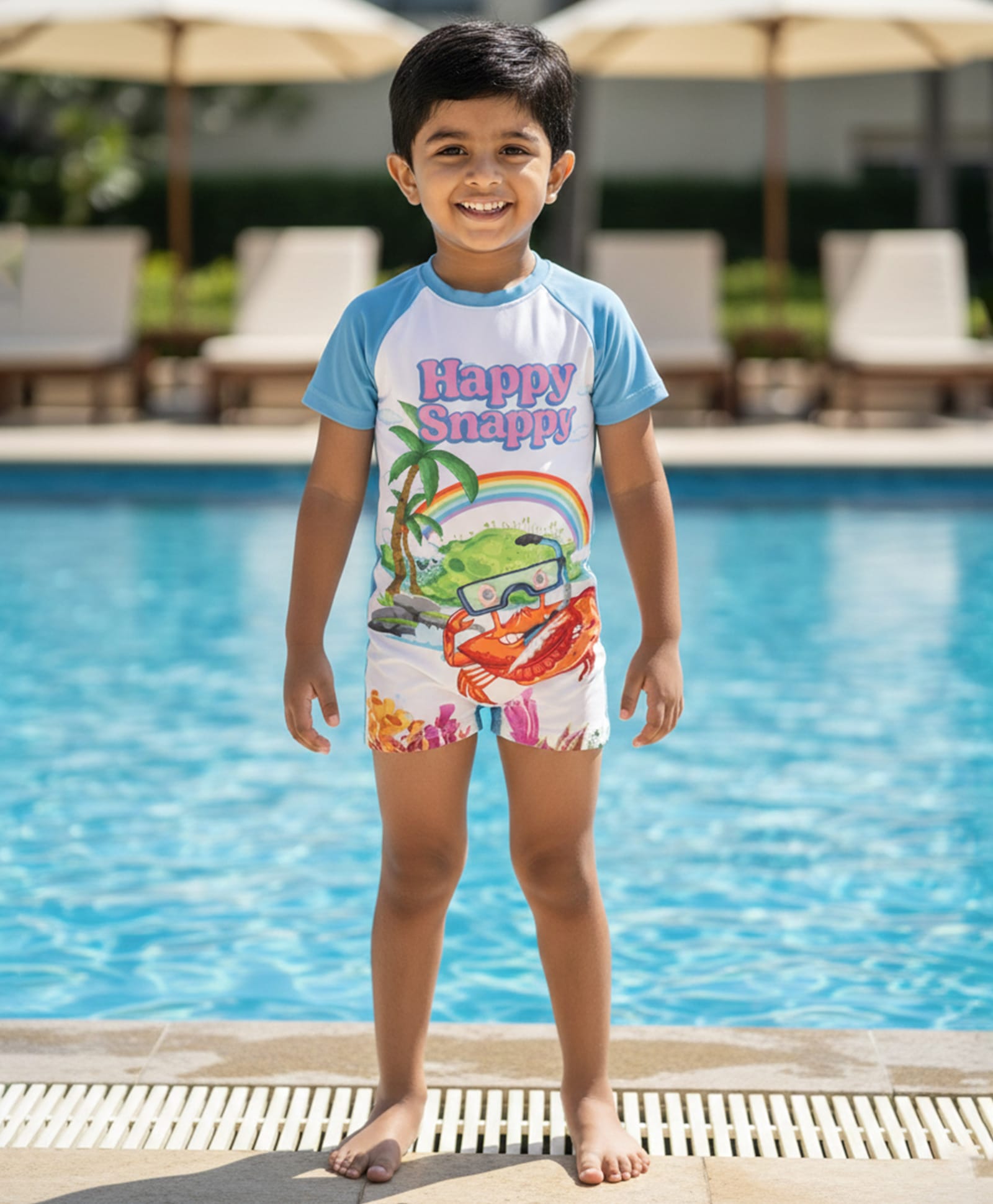 Kiddopanti Half Raglan Sleeves Crab Rainbow & Happy Snappy Text Printed Swimsuit - Beige & Blue-image-1