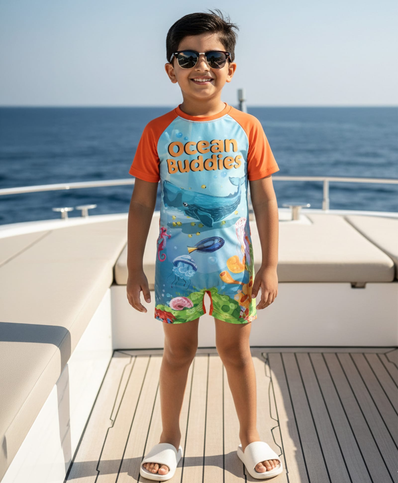 Kiddopanti Half Raglan Sleeves Ocean Buddies Text & Sea Life Printed Swimsuit - Blue & Neon Orange-image-43