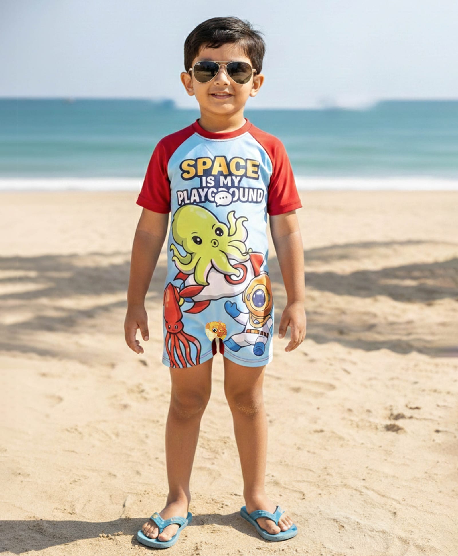 Kiddopanti Half Raglan Sleeves Space Theme Printed Swimsuit - Sky Blue & Red-image-35