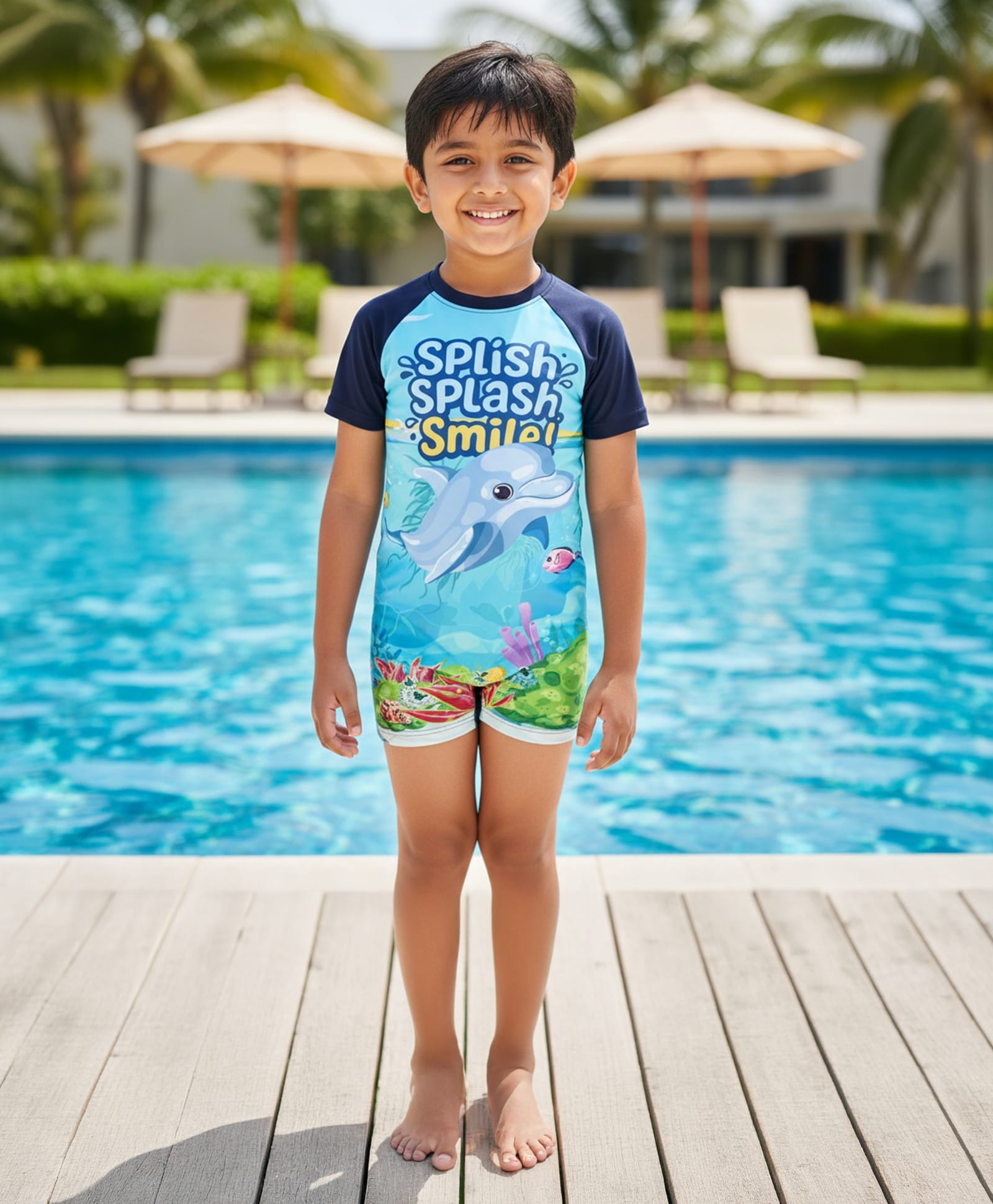Kiddopanti Half Raglan Sleeves Splish Splash Smile Text & Dolphin Printed Swimsuit - Navy Blue & Blue-picture-22