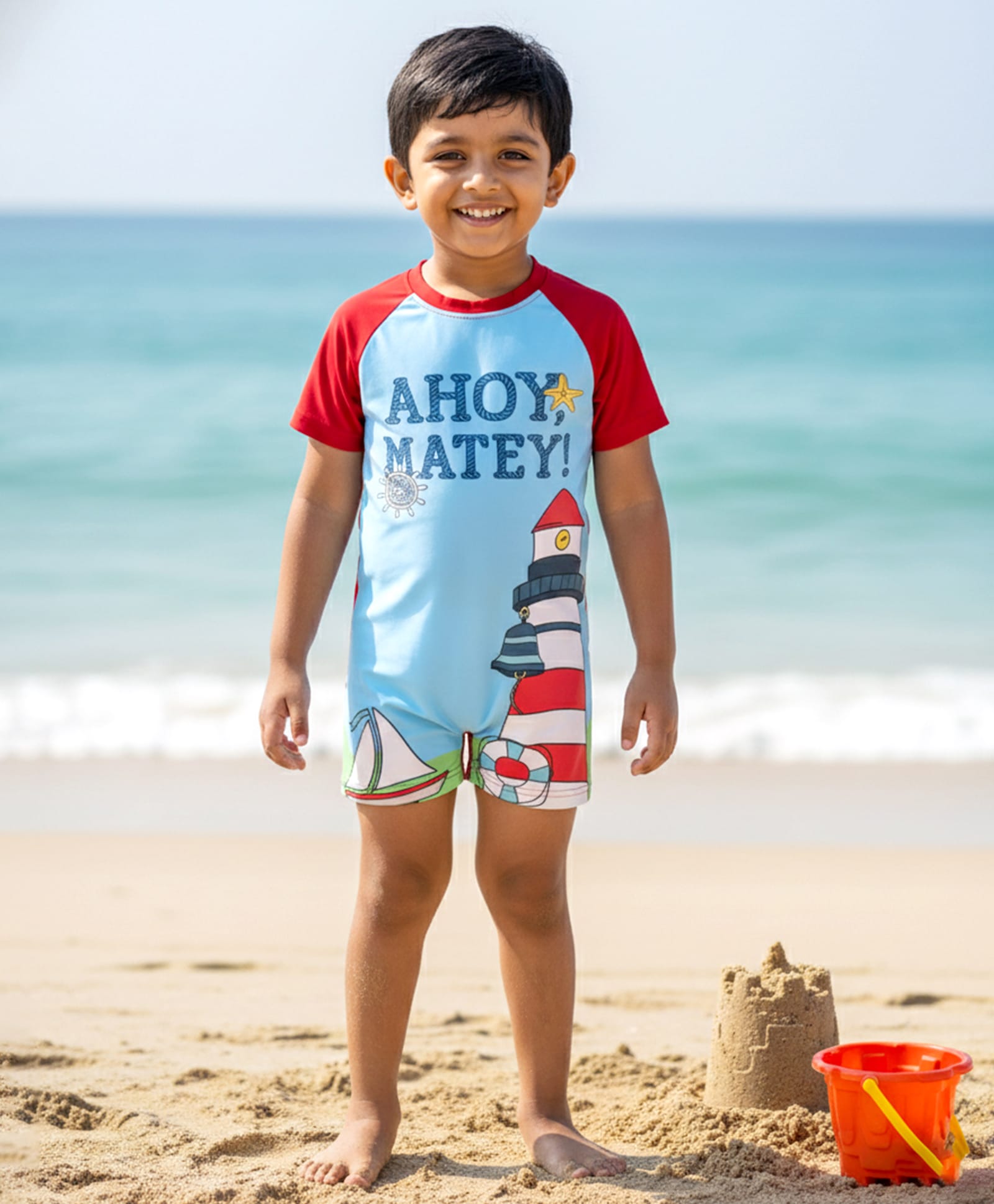 Kiddopanti Half Raglan Sleeves Lighthouse & Ahoy Matey Text Printed Swimsuit - Sky Blue & Red-image-23