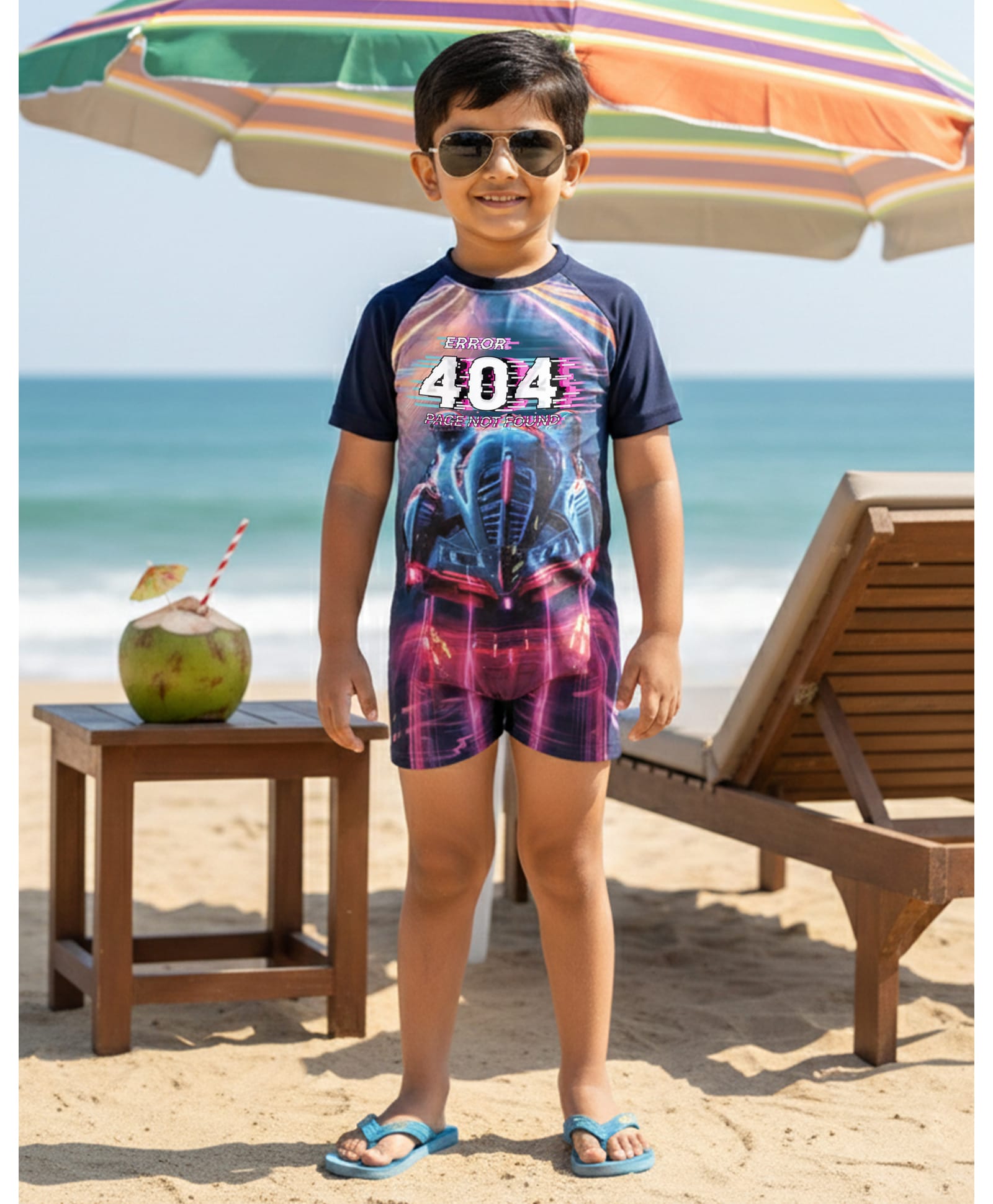 Kiddopanti Half Raglan Sleeves Error 404 Page Not Found Text Printed Swimsuit - Navy Blue & Neon Blue-image-17