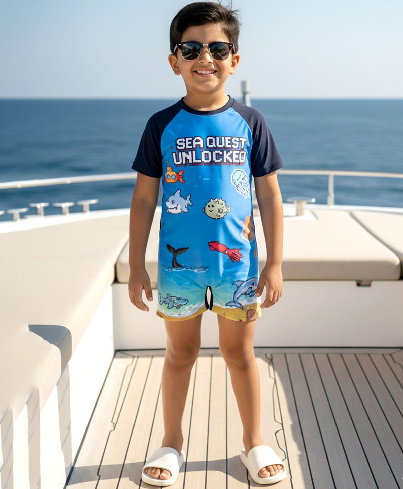 Kiddopanti Half Raglan Sleeves Sea Quest Unlocked Text & Sea Life Printed Swimsuit - Blue & Navy Blue-image-16