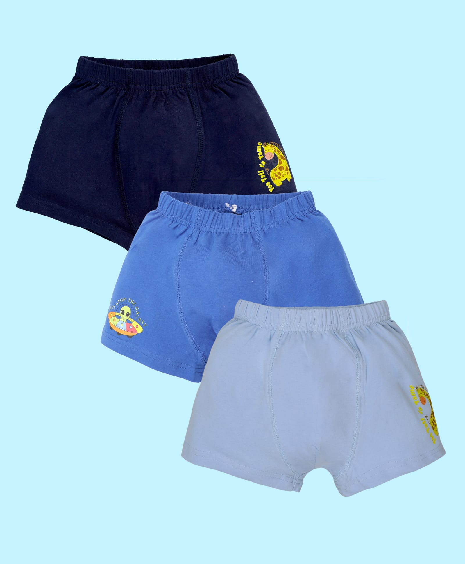 Kiddopanti Cotton Lycra Knit Pack Of 3 Giraffe & Alien Printed Boxers - Ink Blue Royal Blue & Navy Blue-picture-13