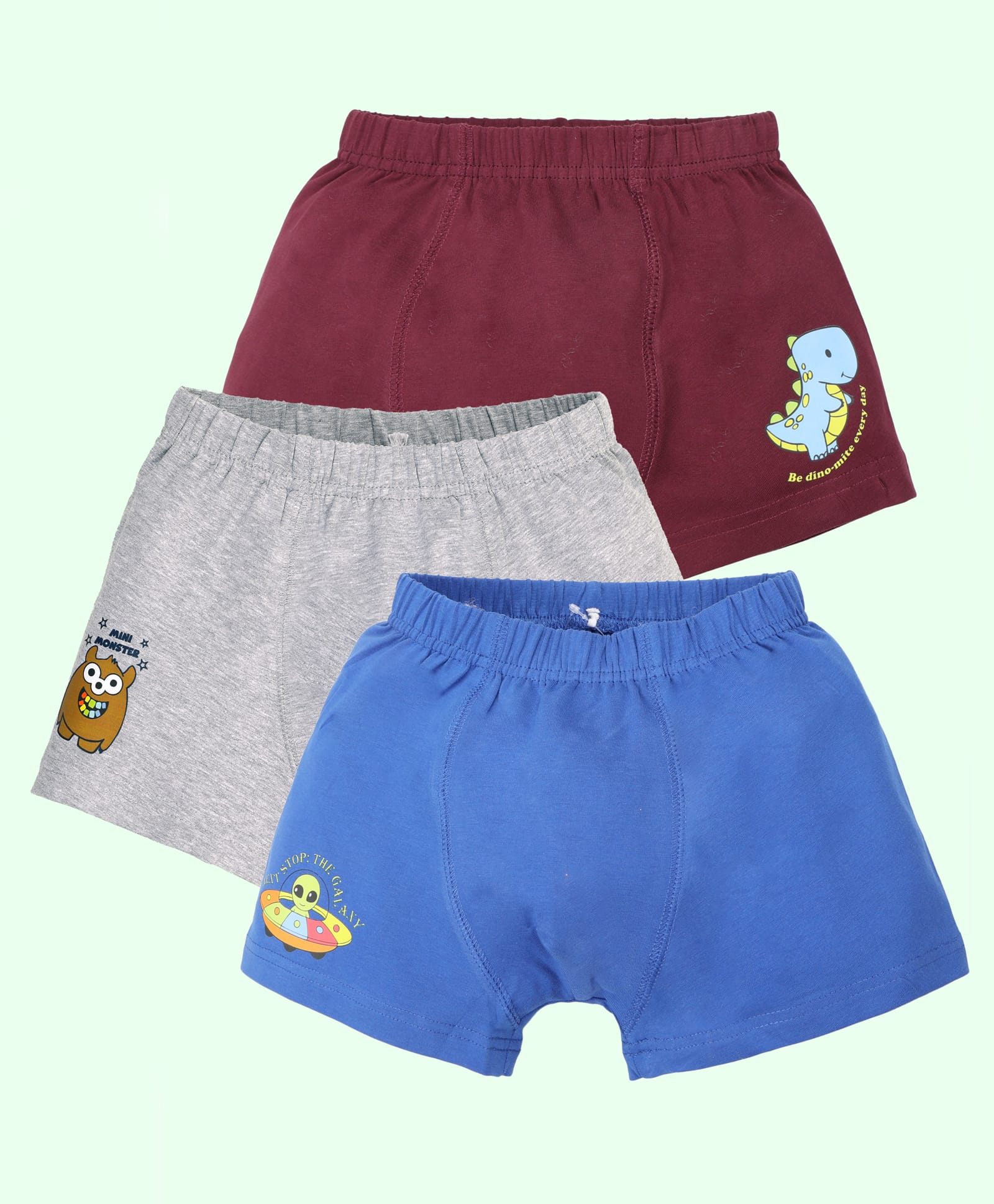 Kiddopanti Cotton Lycra Knit Pack Of 3 Dinosaur & Alien Printed Boxers - Royal Blue Grey Melange & Maroon-picture-26