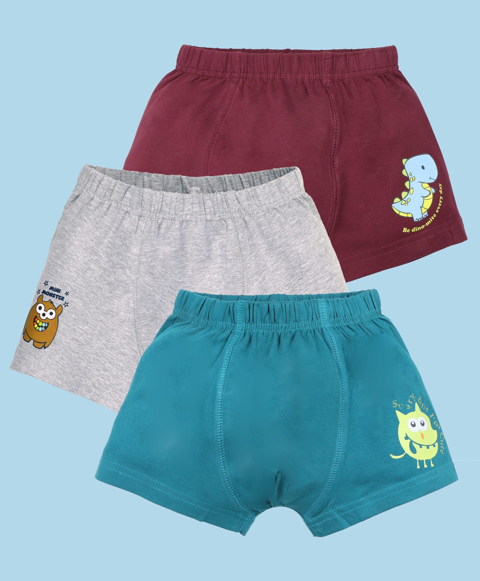 Kiddopanti Cotton Lycra Knit Pack Of 3 Dinosaur & Monster Printed Boxers - Teal Green Grey Melange & Maroon-image-22
