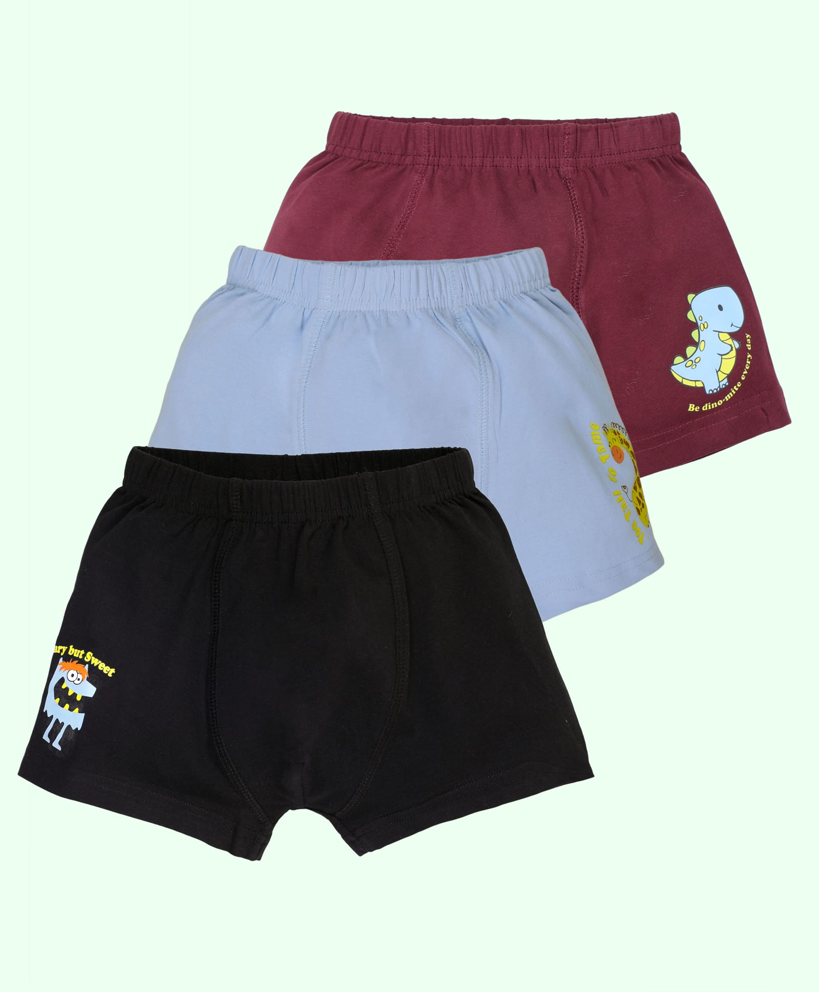 Kiddopanti Cotton Lycra Knit Pack Of 3 Giraffe Dinosaur & Monster Printed Boxers - Black Ink Blue & Maroon-picture-15