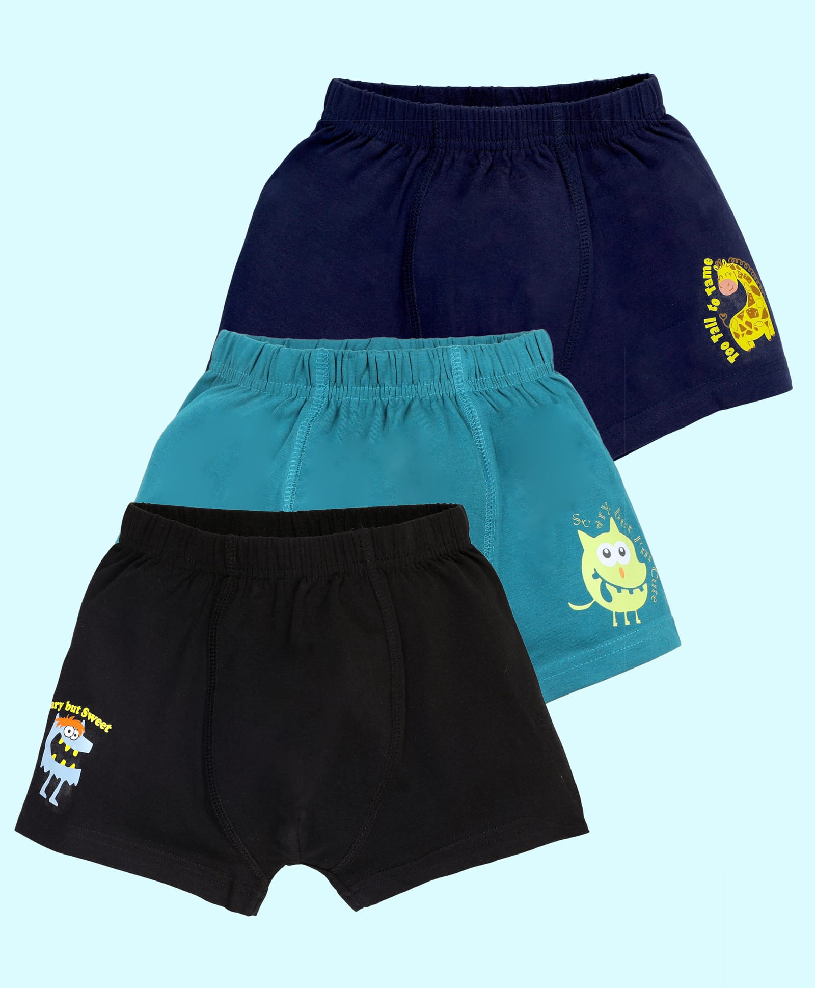 Kiddopanti Cotton Lycra Knit Pack Of 3 Giraffe & Monster Printed Boxers - Teal Green Navy Blue & Black-picture-28