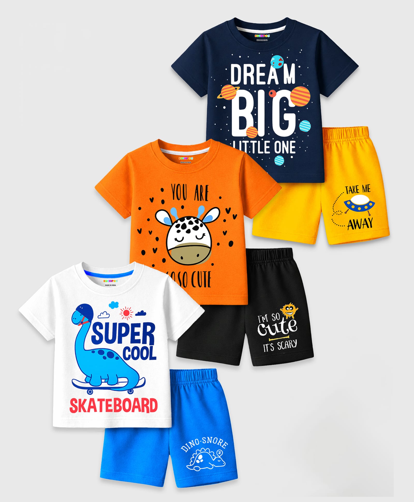 KUCHIPOO Cotton Blend Knit Pack Of 3 Half Sleeves Space Theme & Animal Printed Tee & Shorts Set - Multi Colour