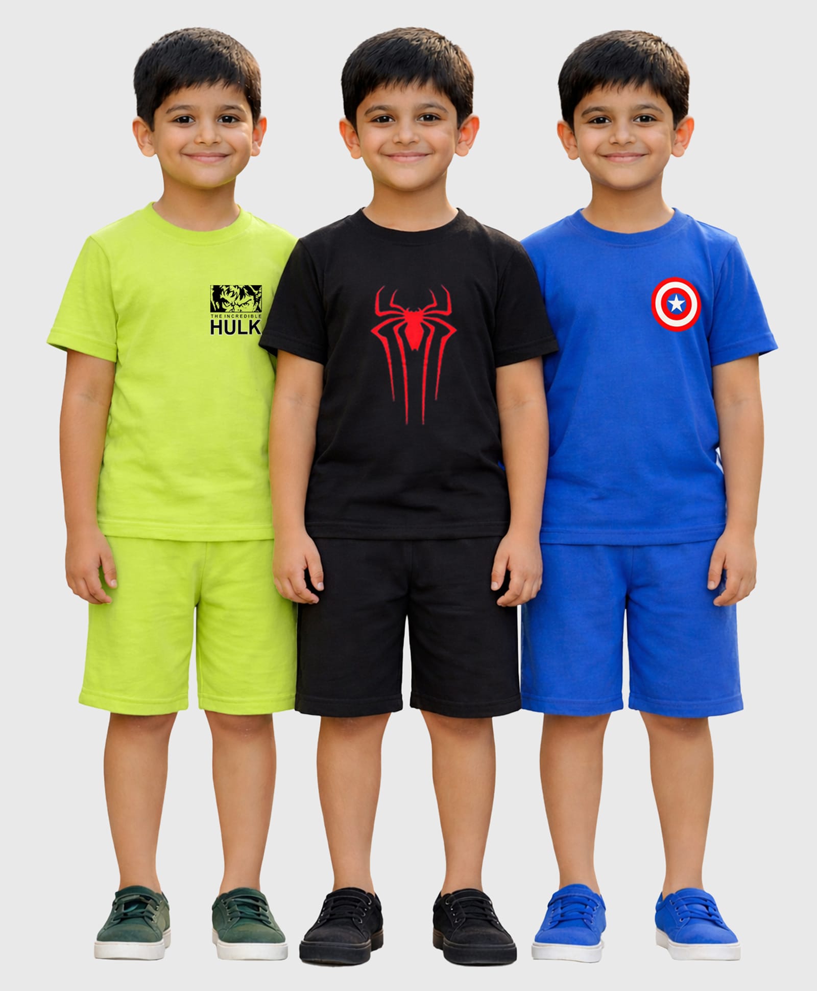 KUCHIPOO Cotton Blend Knit Pack Of 3 Marvel Avengers Featuring Spider Man & Characters Printed Tees & Shorts Set - Multi Colour-image-46