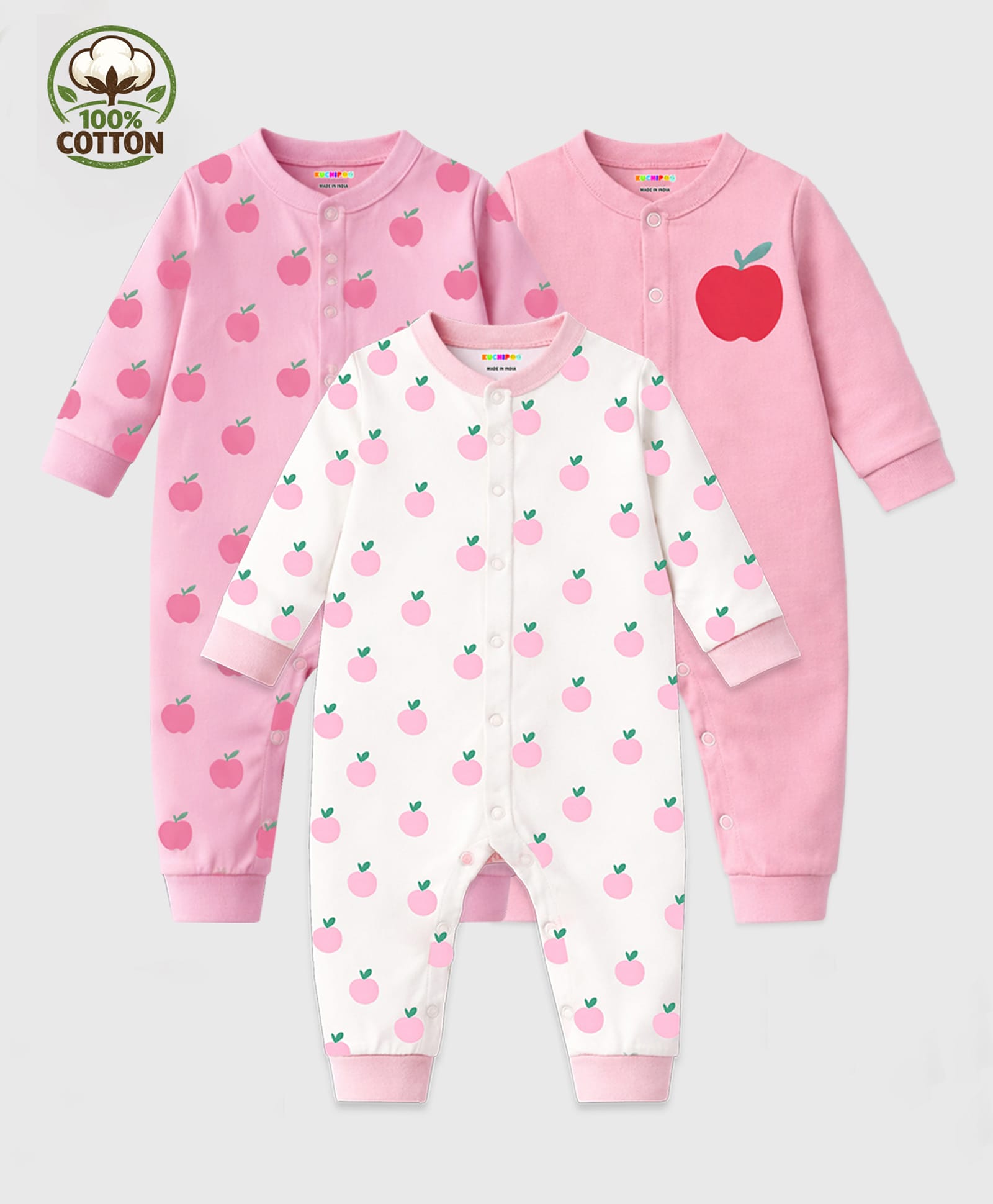 KUCHIPOO Cotton Blend Knit Pack Of 3 Full Sleeves Apples & Peaches Printed Rompers -Multi Colour-picture-20