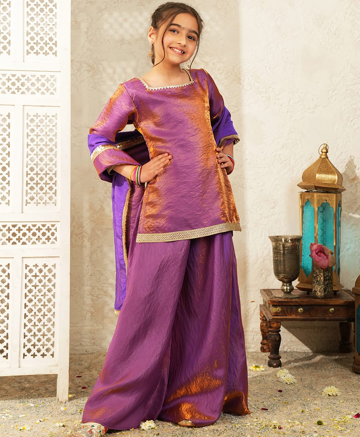AJ Dezines Silk Woven Three Fourth Sleeves Gota Lace Embellished Kurti & Palazzo With Dupatta Set - Purple-picture-38