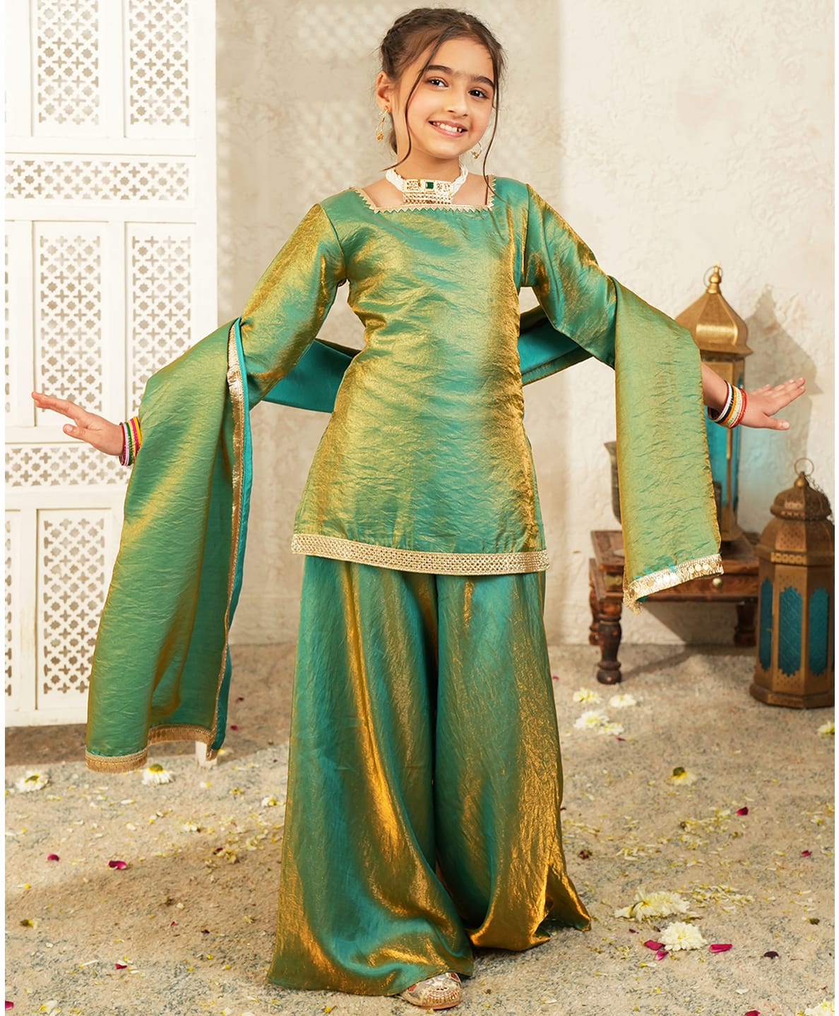 AJ Dezines Silk Woven Three Fourth Sleeves Gota Lace Embellished Kurti & Palazzo With Dupatta Set - Green-image-24