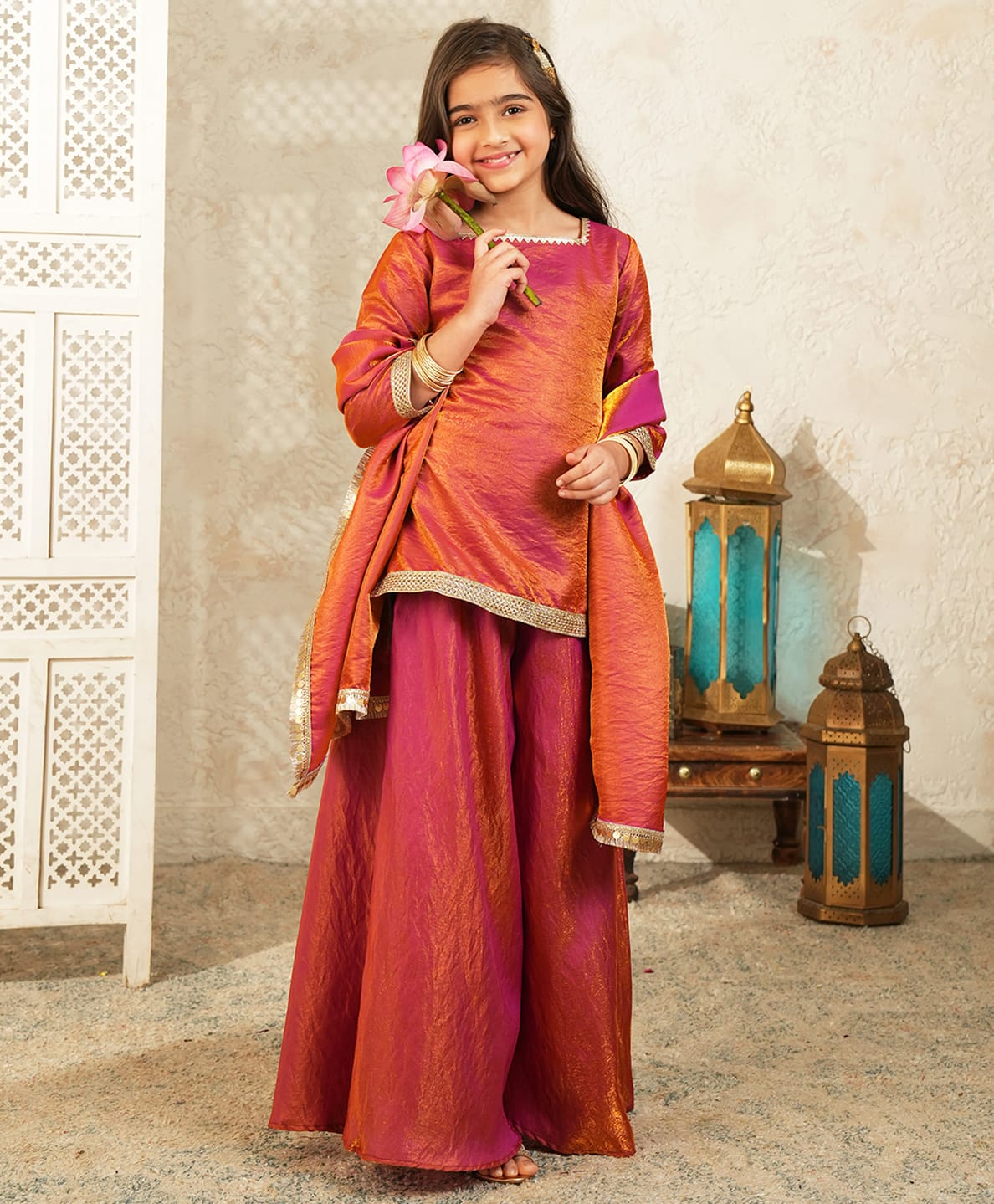 AJ Dezines Silk Woven Three Fourth Sleeves Gota Lace Embellished Kurti & Palazzo With Dupatta Set - Red-picture-40