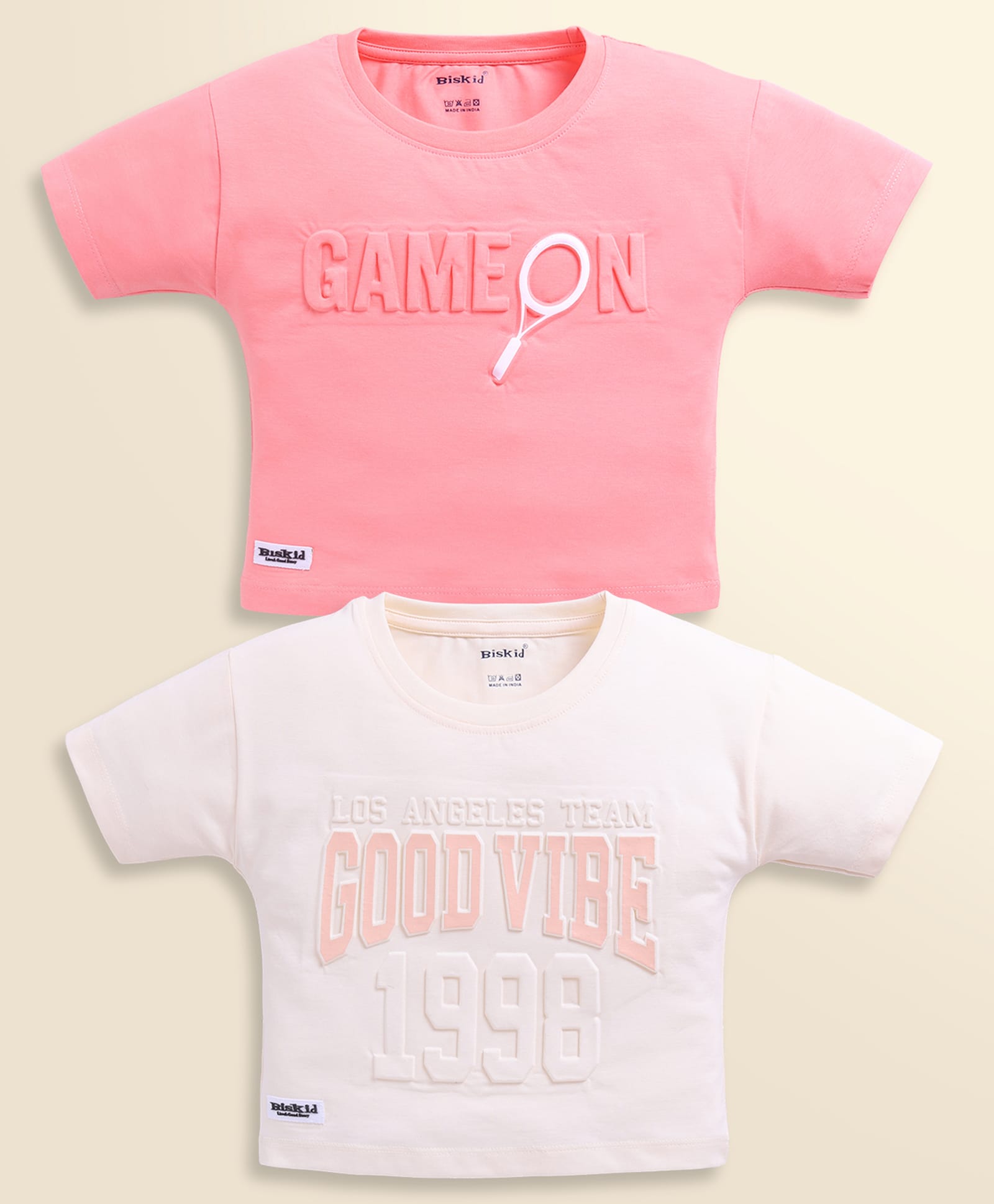 Biskid Sinker Knit Pack Of 2 Half Sleeves Game On & Good Vibe Text Puff Printed Tops - Cream & Dark Peach-picture-11