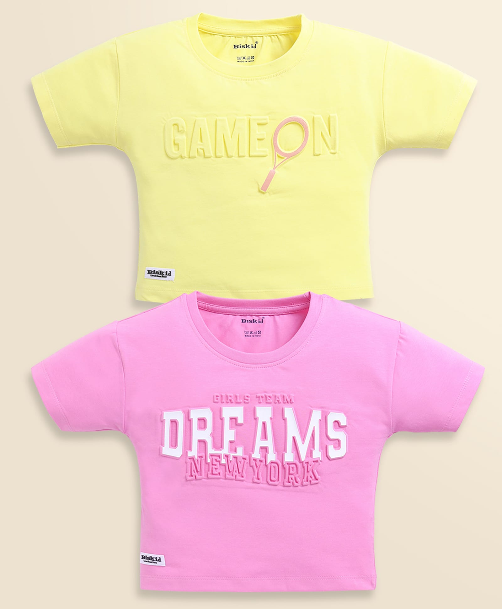 Biskid Sinker Knit Pack Of 2 Half Sleeves Game On & Dreams Text Puff Printed Tops - Dark Pink & Lemon-picture-18