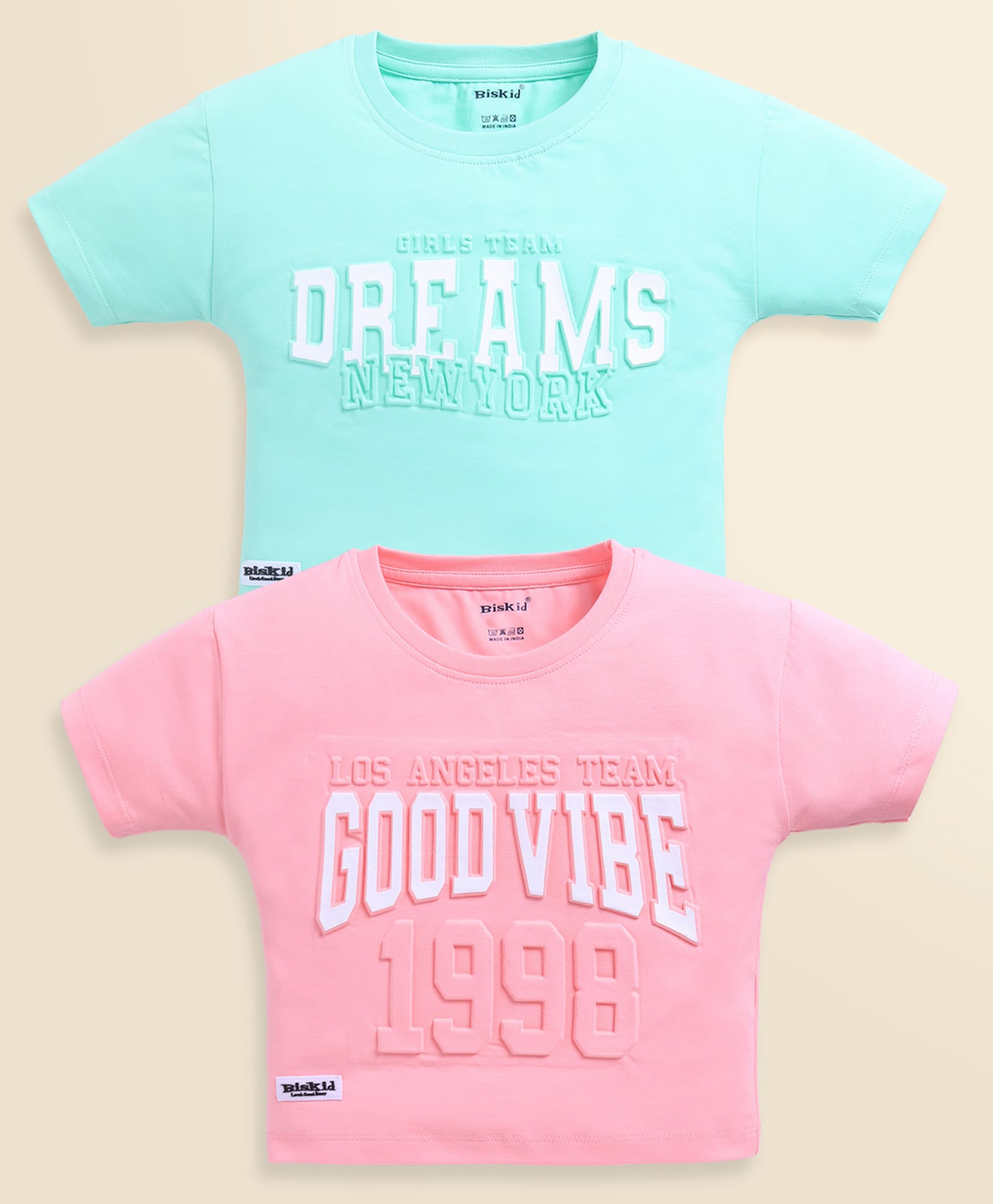 Biskid Sinker Knit Pack Of 2 Half Sleeves Game On & Dreams Text Puff Printed Tops -Light Peach & Sea Green-picture-10