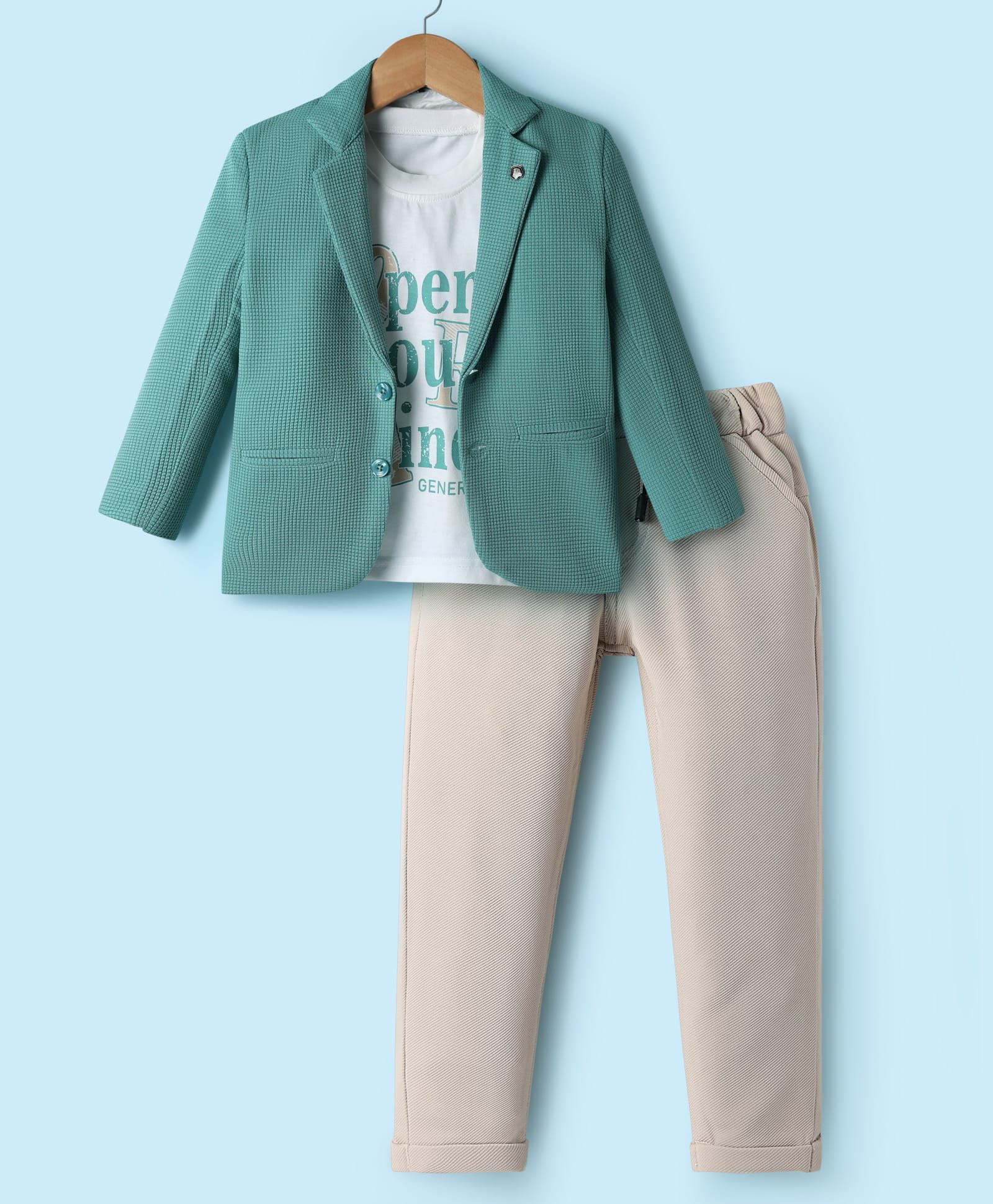 Rikidoos Cotton Woven Printed T-Shirt & Trouser Set With Full Sleeves Blazer - Light Green & Beige-picture-35