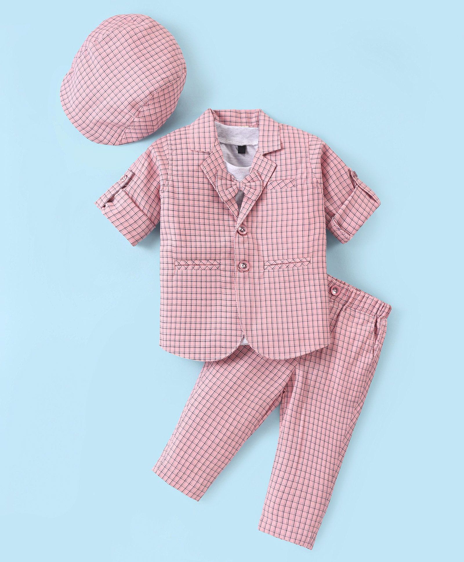 Rikidoos Cotton Woven Full Sleeves Checks Blazer & Trouser With Inner Tee Cap & Bow Applique - Pink-image-13