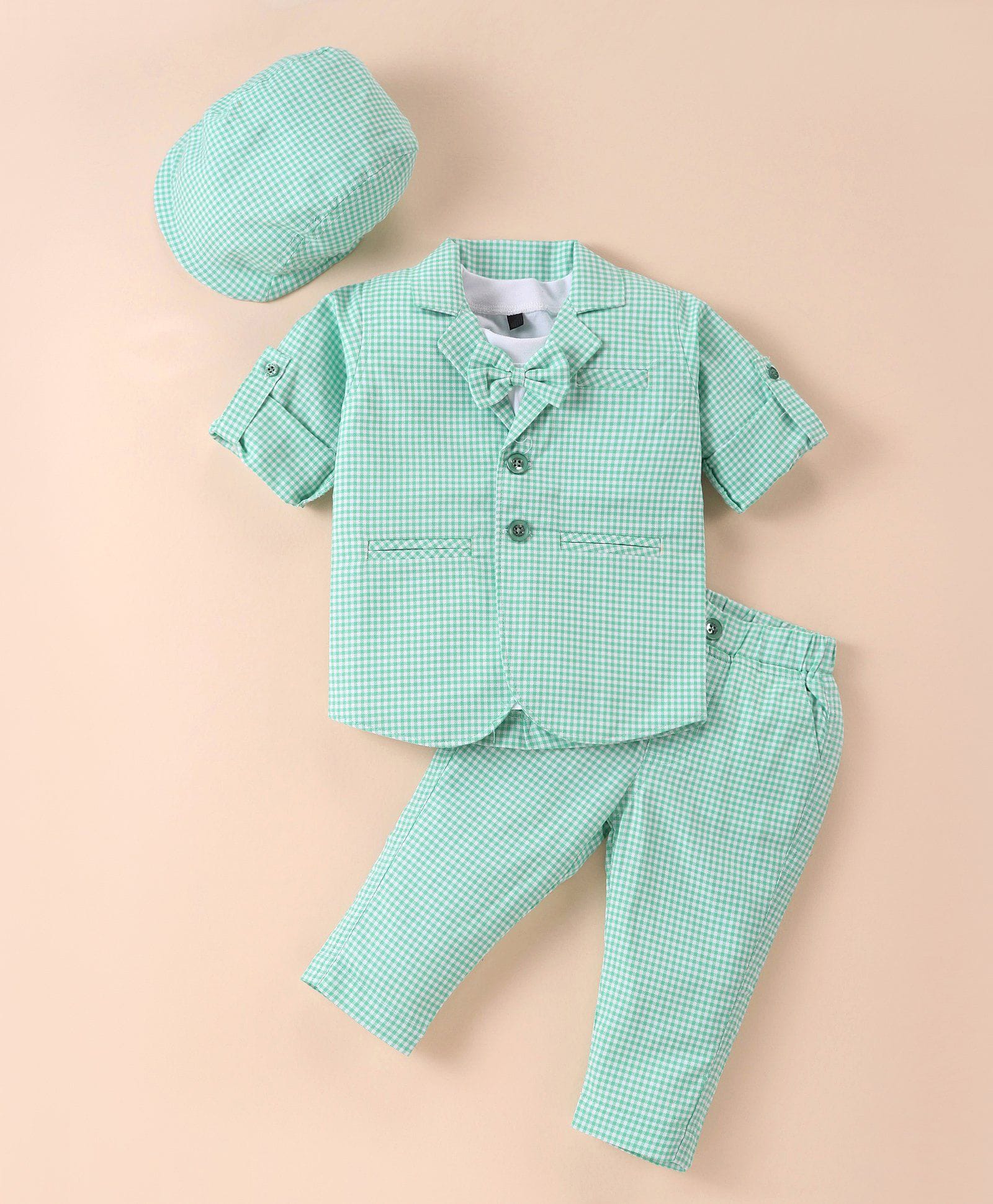 Rikidoos Cotton Woven Full Sleeves Checks Blazer & Trouser With Inner Tee Cap & Bow Applique - Sea Green & White-picture-5
