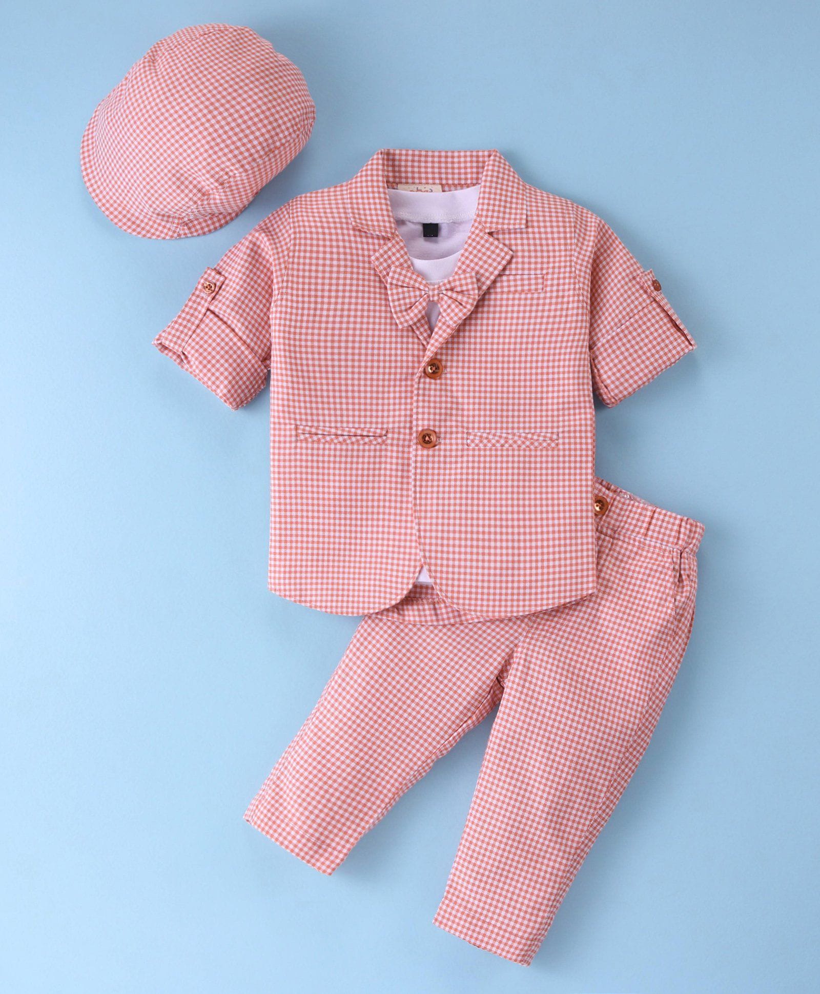 Rikidoos Cotton Woven Full Sleeves Checks Blazer & Trouser With Inner Tee Cap & Bow Applique - Peach & White-image-45