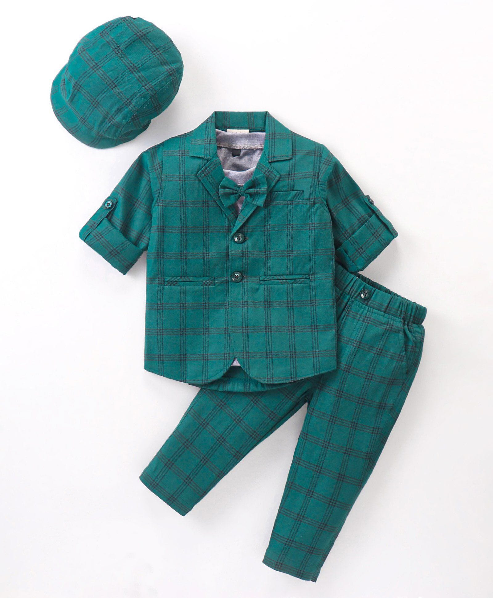 Rikidoos Cotton Woven Full Sleeves Checks Blazer & Trouser With Inner Tee Cap & Bow Applique - Green-picture-11