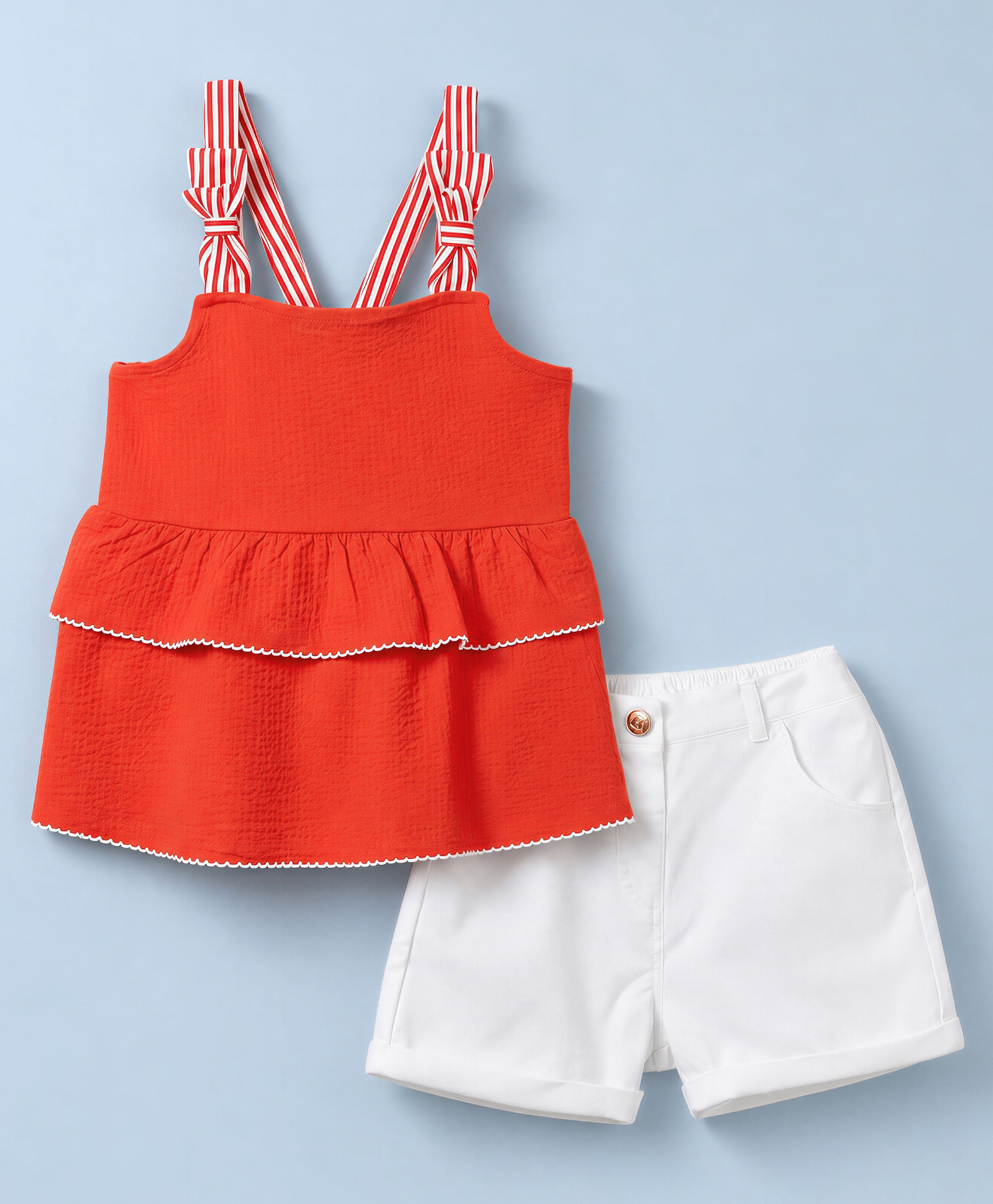 Babyhug Single Jersey Knit Sleeveless Striped Strap & Bow Applique Top & Shorts Set - Red & White-image-39