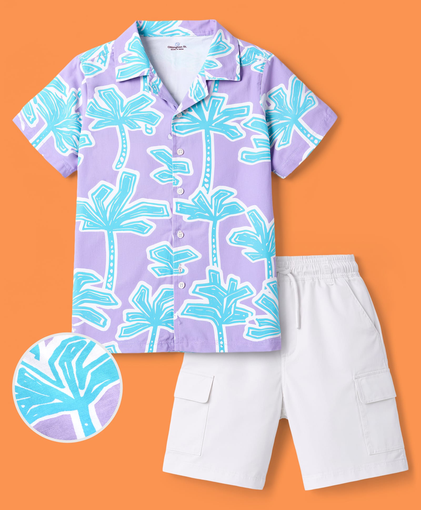 OLLINGTON ST. Cotton Knit Printed Half Sleeves Resort Collar Shirt & Twill Shorts Set -Multicolour & White-image-11