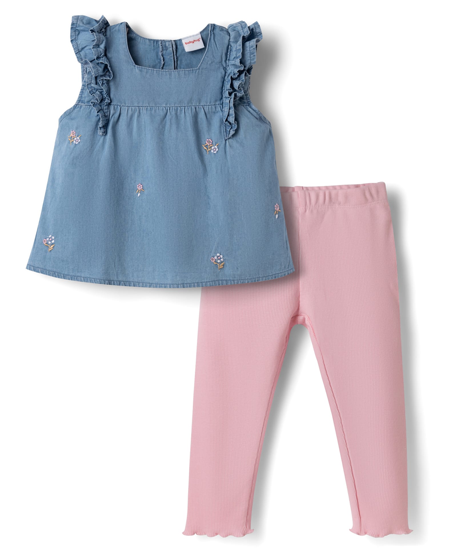 Babyhug Denim Knit Sleeveless Floral Embroidered Top & Leggings Set - Blue-image-41