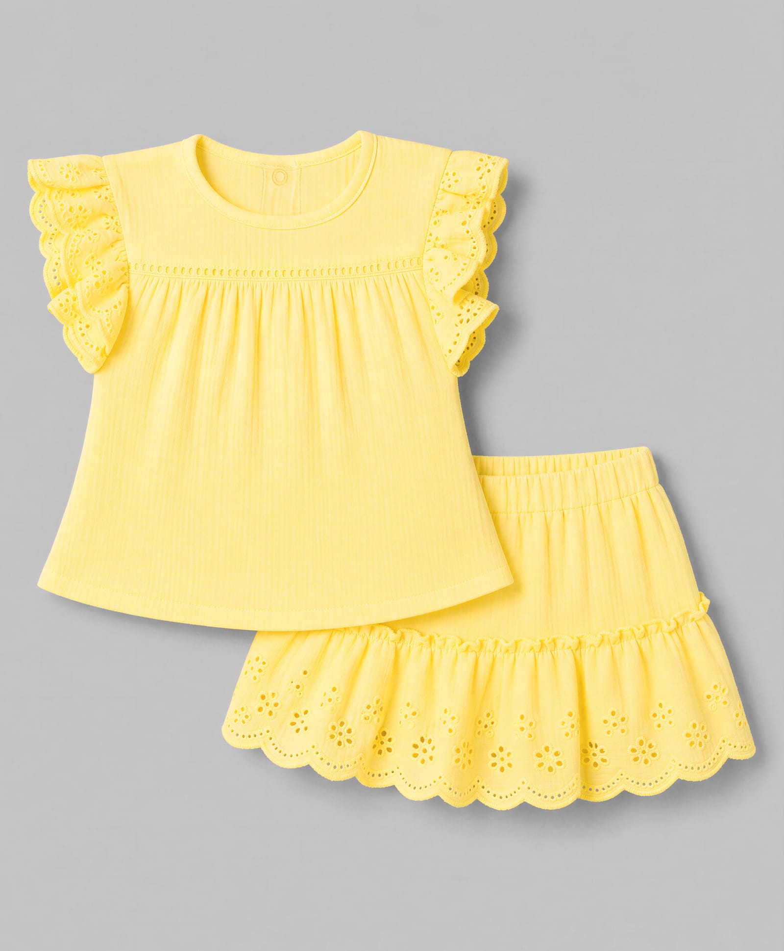 Babyhug Cotton Woven Sleeveless Solid Textured Top & Skirt Set - Yellow-image-40