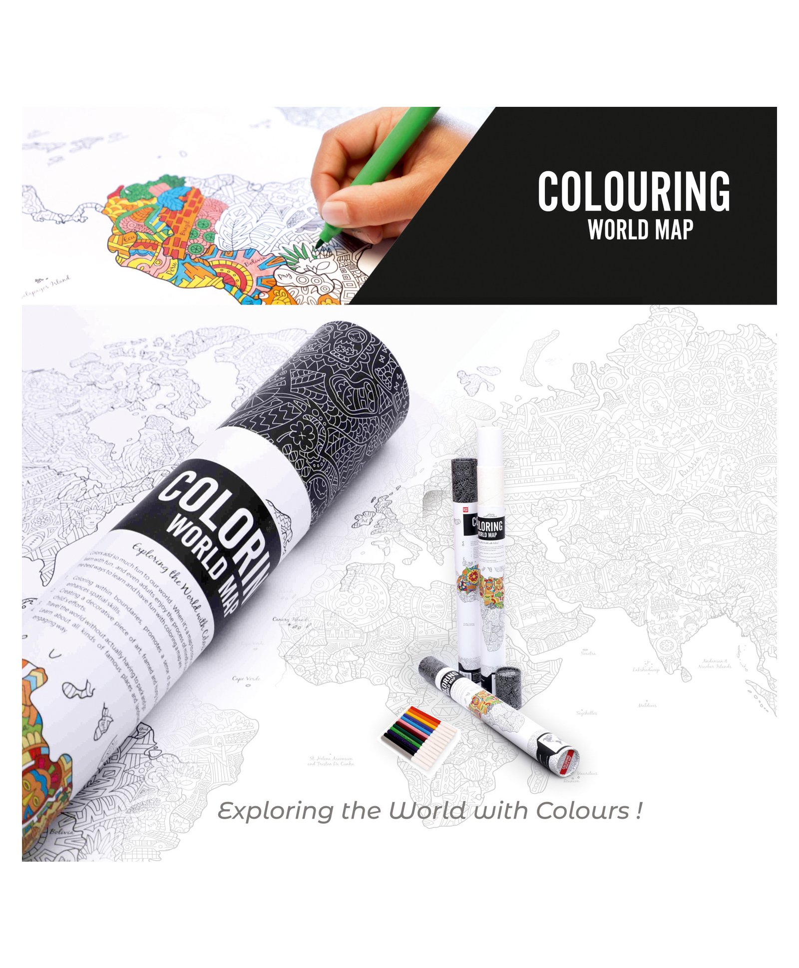 UnikPlay Colouring WorldMap Geography Poster with 12 Sketch pens | Fun Educational Activity | Art & Craft Kit | Gift for Kids & Adults | Home Decor Creative Wall Art | DIY Craft Kit|-image-2