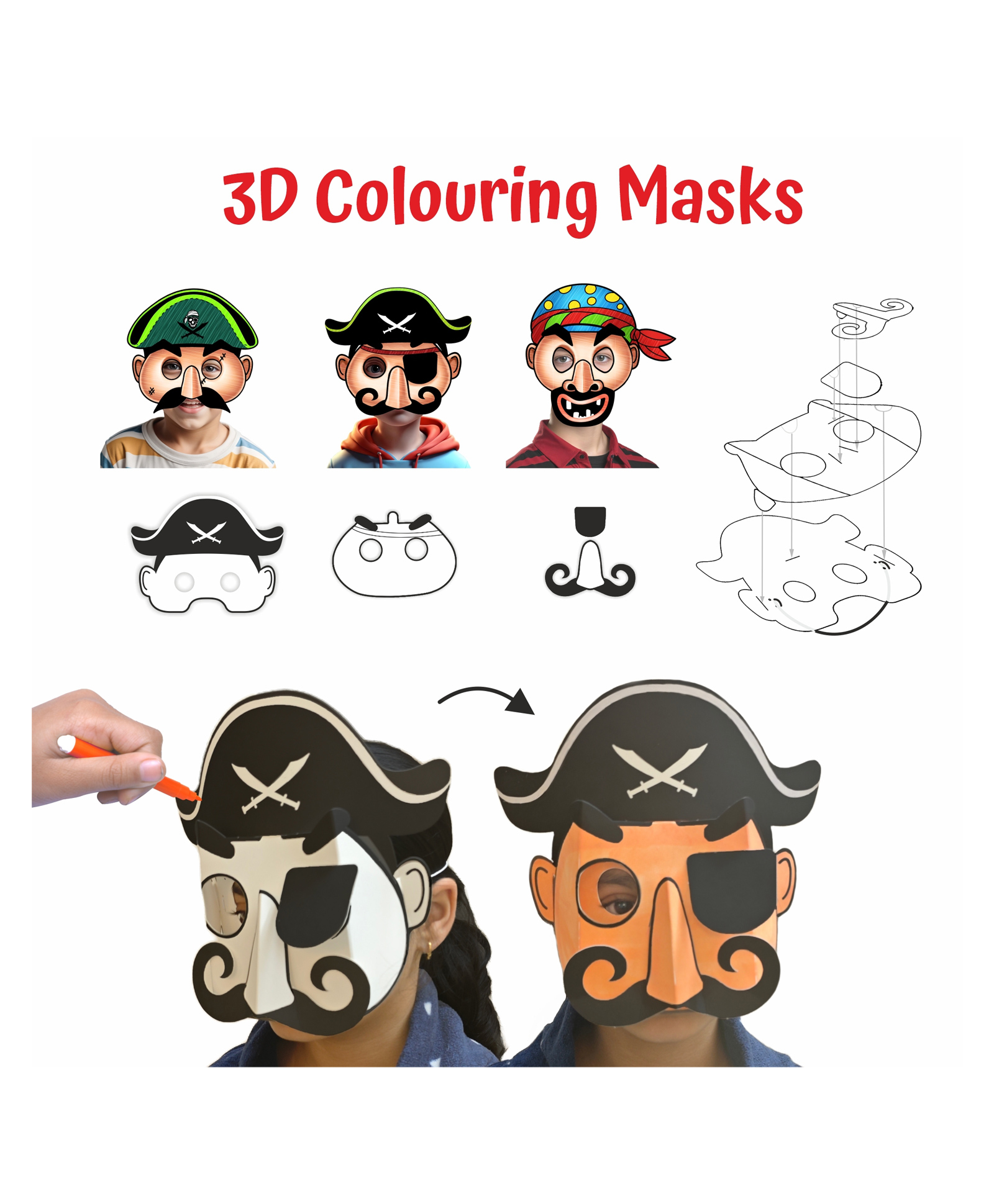 Unikplay 3D Colouring Masks Pirates | DIY Paint & Color Craft Kit for Kids | Creative Art & Craft Activity | Fun Animal Masks for Boys & Girls-image-10