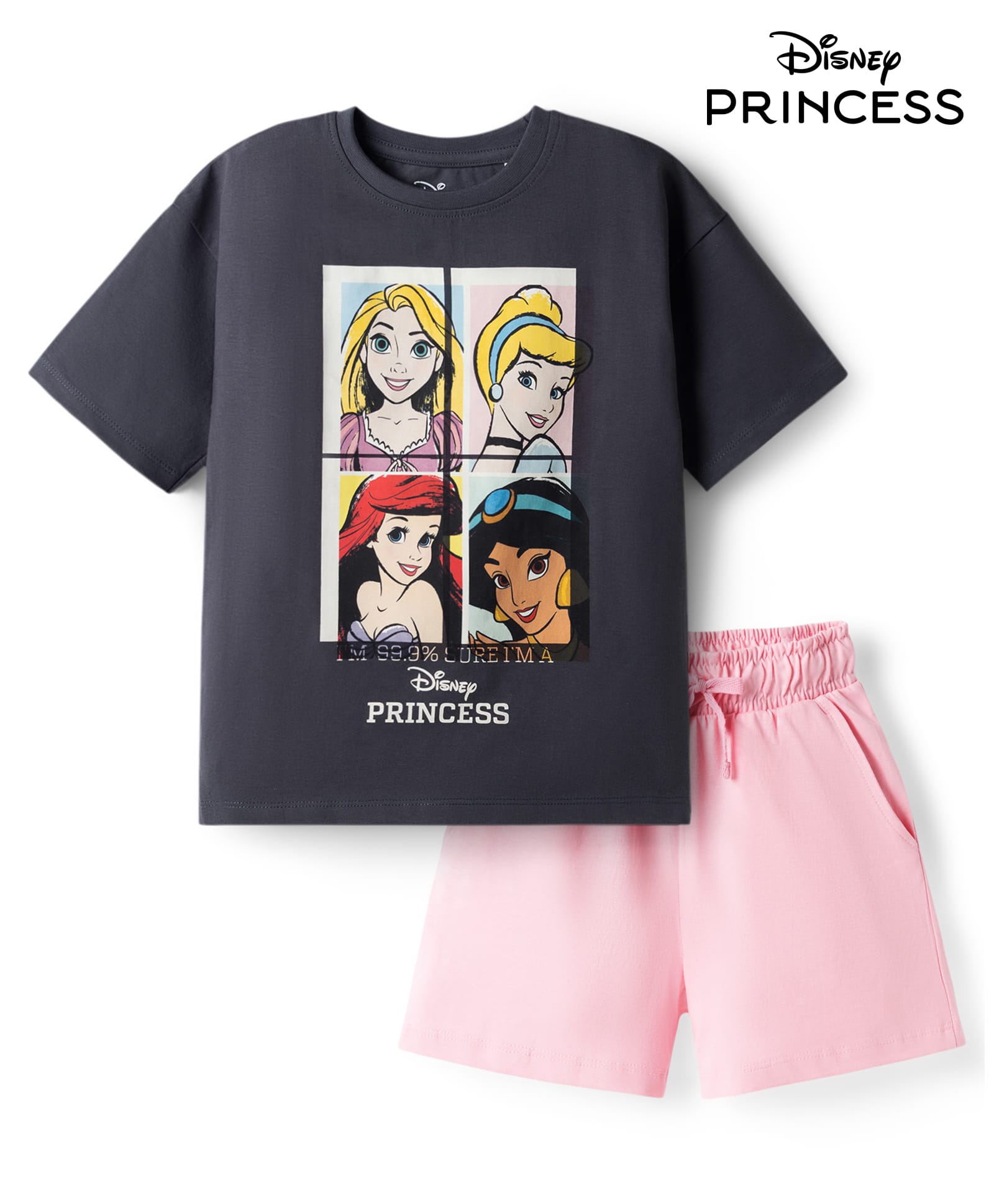 Primo Gino Disney Single Jersey Knit Drop Shoulder Sleeves T-Shirt & Shorts Night Suit With Disney Princess Graphics - Multicolor-picture-23