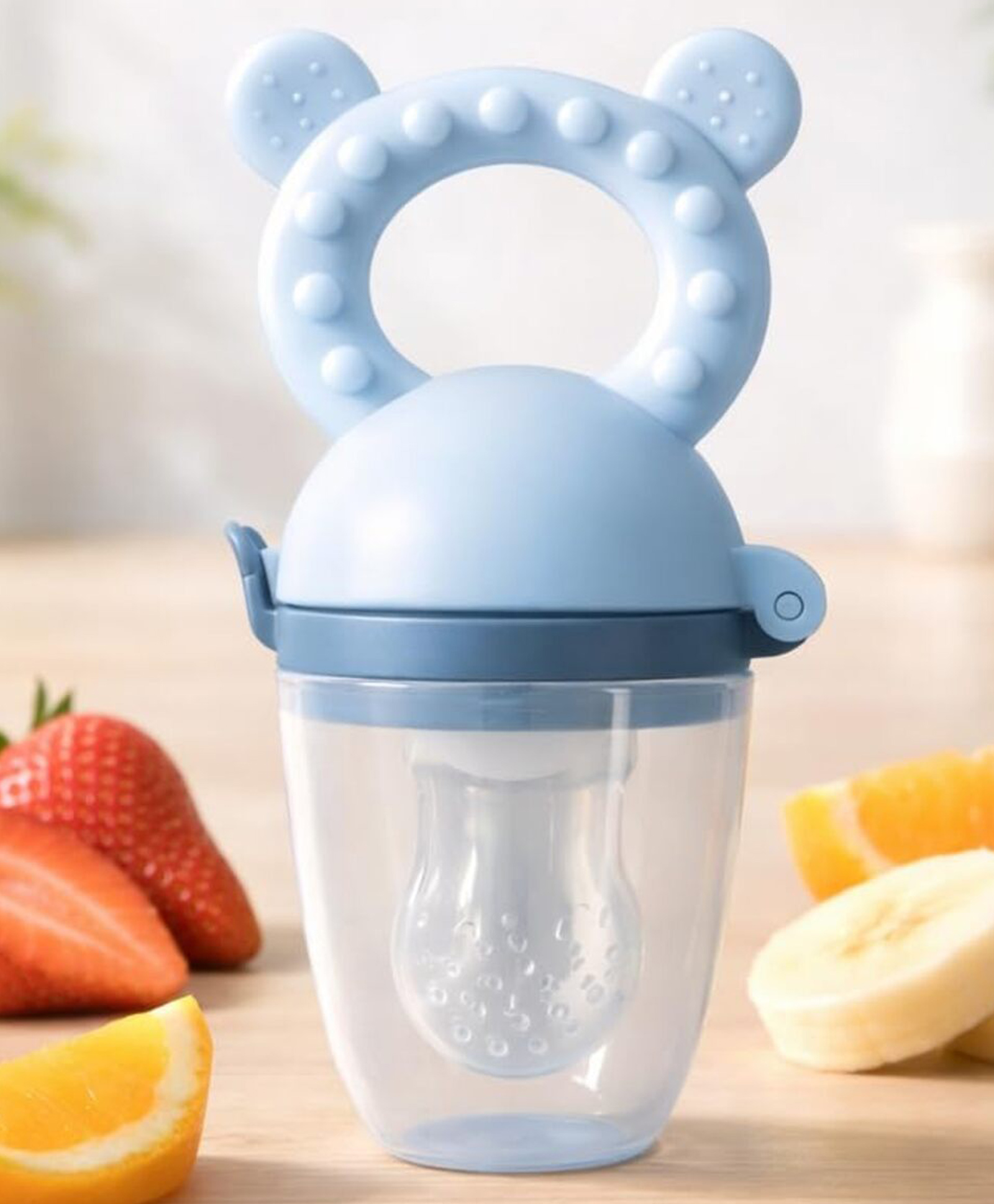 Aerex Baby Fruit Feeder Nibbler for Infants 6+ Months | Silicone Food Feeder Pacifier with Bear Ear Handle | BPA Free Fresh Fruit Teether Soother | Safe Self Feeding for Babies (Blue)-image-34