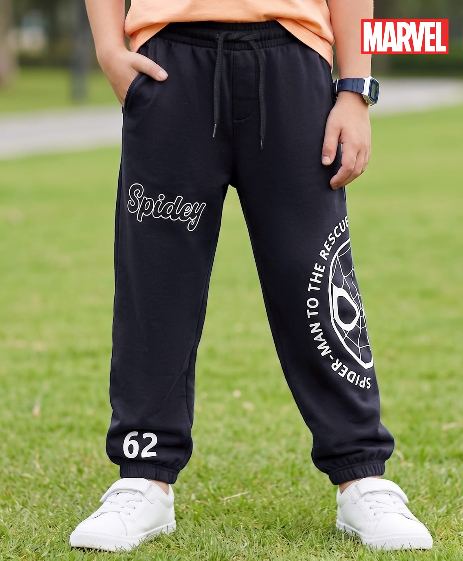 Pine Kids Marvel 100% Cotton Knit Full Length Joggers Pant With Spider-Man Graphic - Navy Blue-image-24