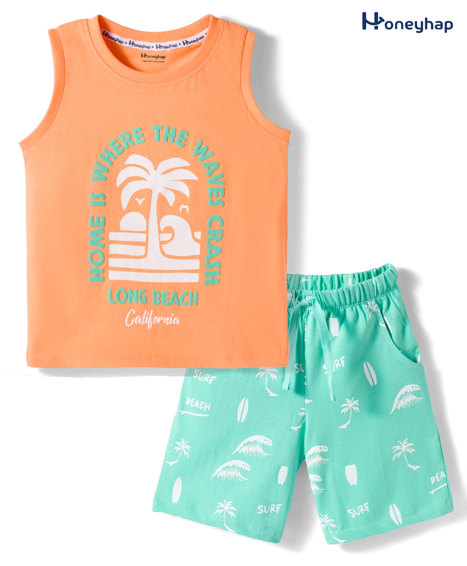 Honeyhap Premium Cotton Knit With Bio Finish Sleeveless T-Shirt & Shorts Night Suit With Tropical Print - Pumpkin & Beach Glass-picture-29