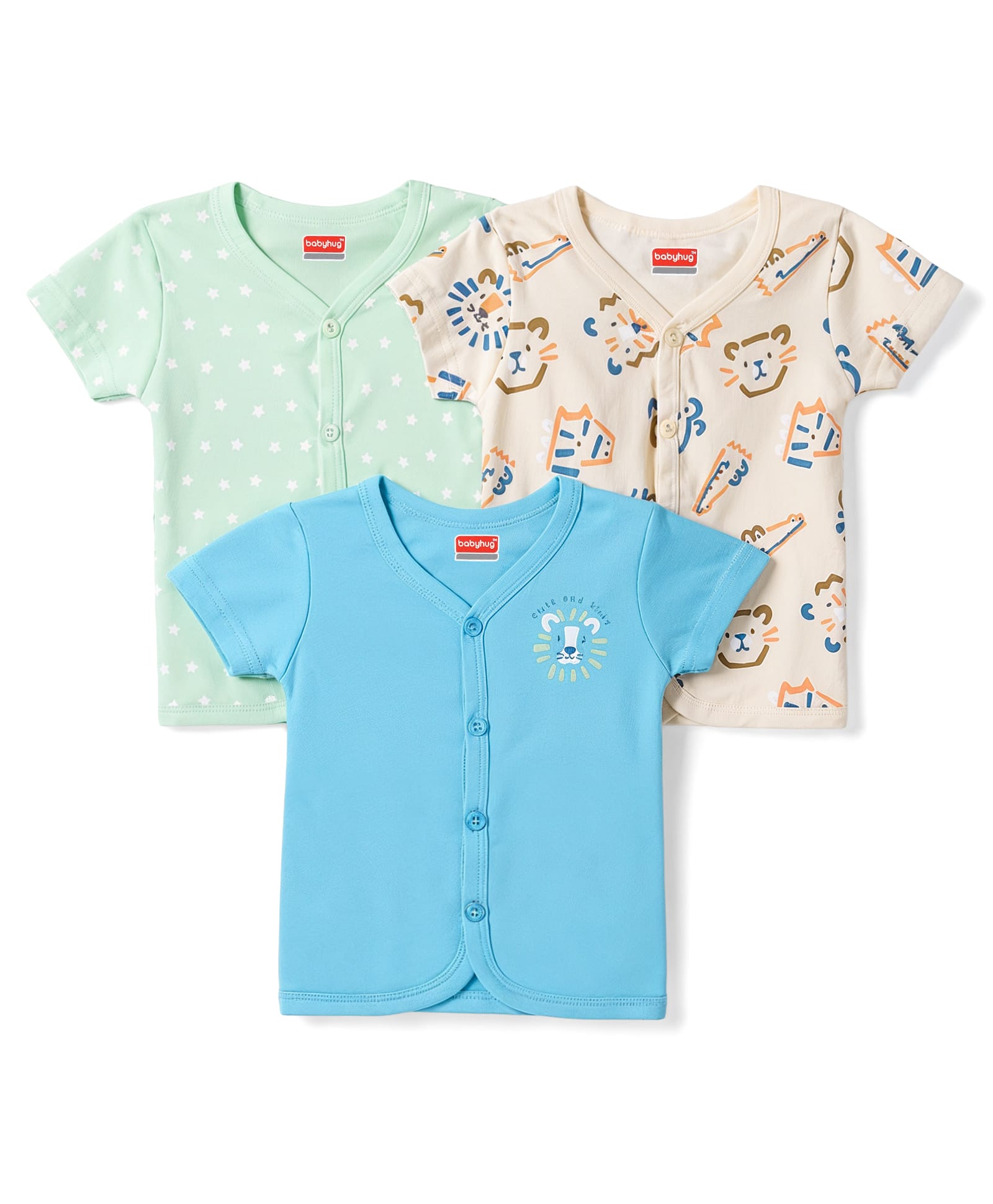 Babyhug Interlock Knit Half Sleeves Front Open Jhablas with Star & Cub Face Print Pack of 3 - Light Blue-image-41