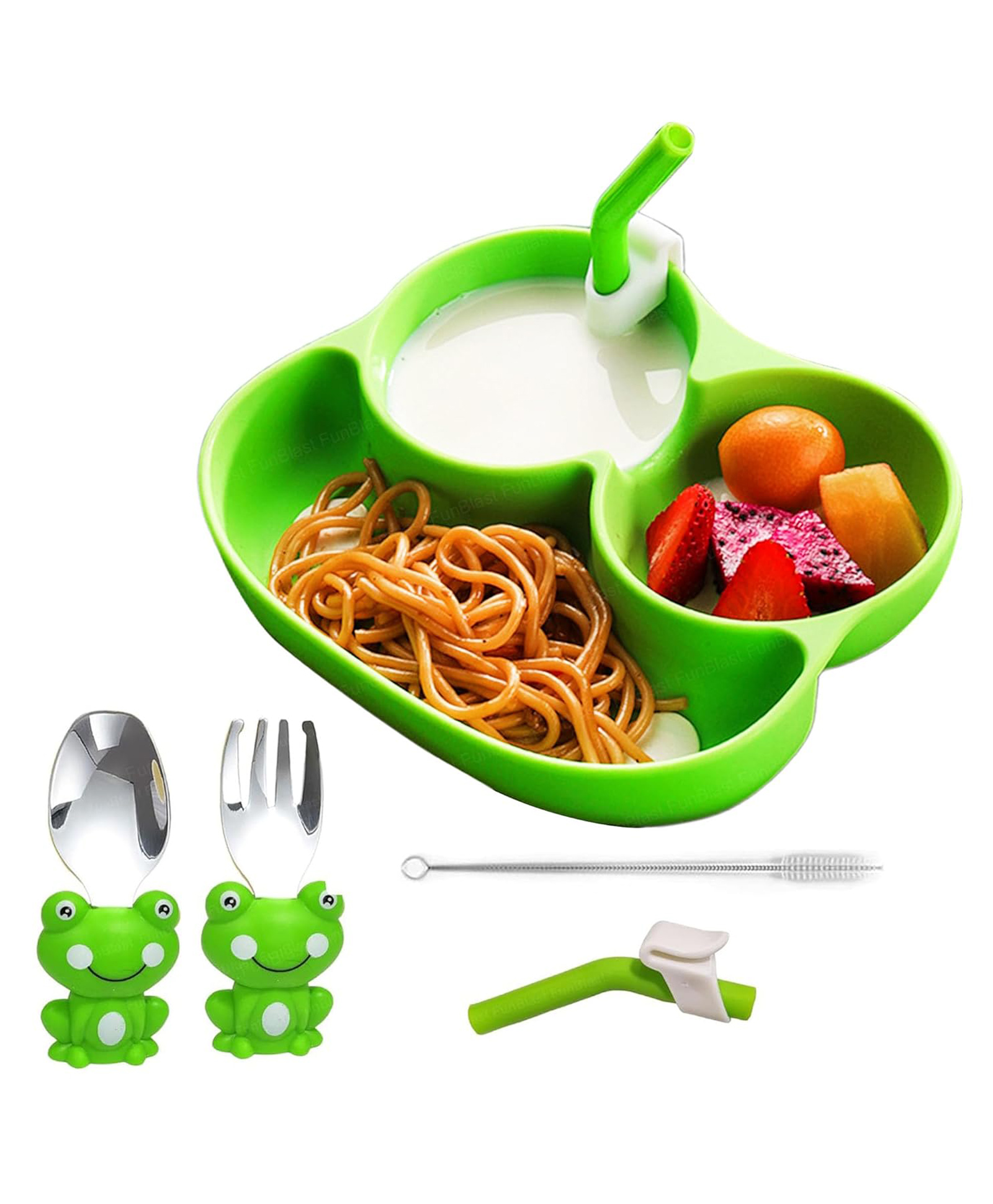 FunBlast Silicone Frog Shaped Baby Feeding Set Pack of Suction Plate with Spoon, Fork and Sipper (Multicolor)-image-37