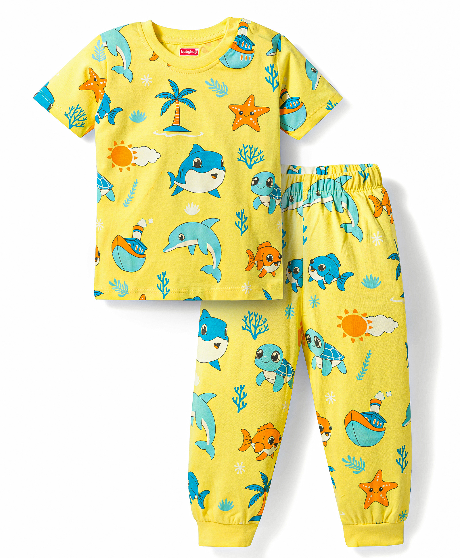Babyhug Cotton Knit Half Sleeves Sea Life Printed Co-Ords T-Shirt & Pyjama Night Suit - Yellow-image-49