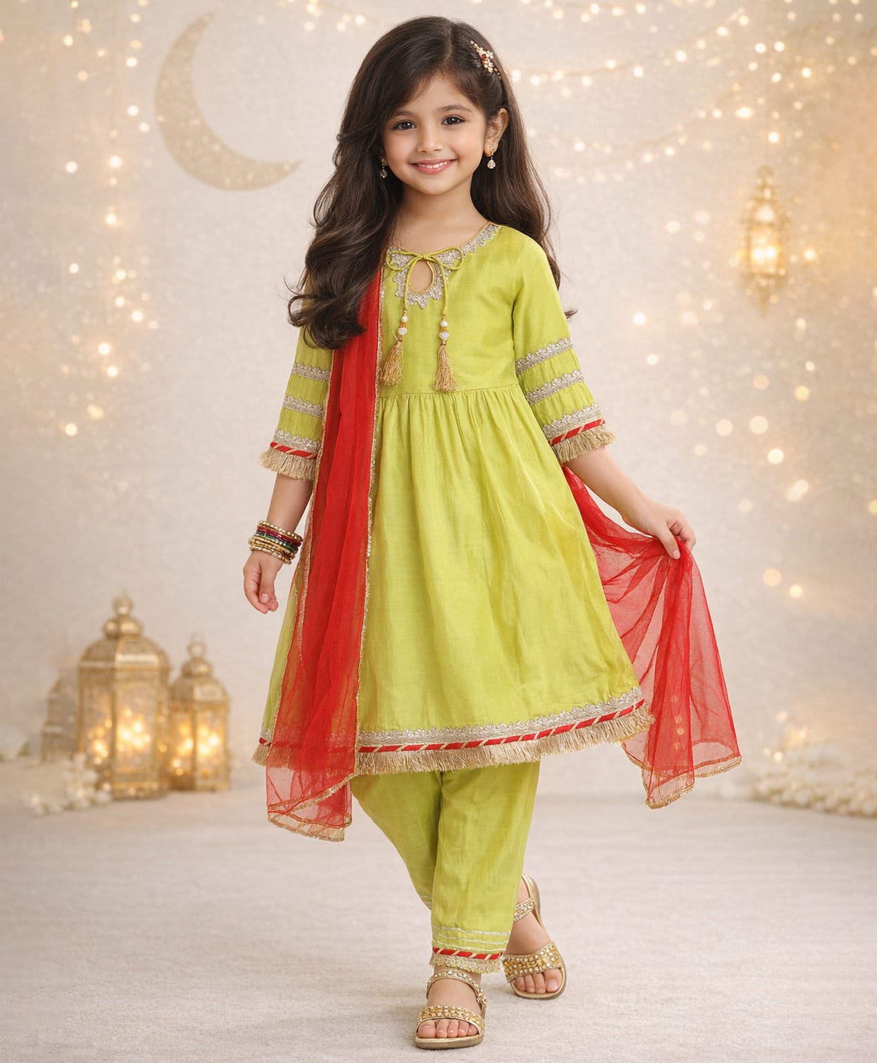 The Magic Wand Woven Three Fourth Sleeves Lace Embellished Anarkali Kurti And Pant Set With Dupatta - Green-picture-21