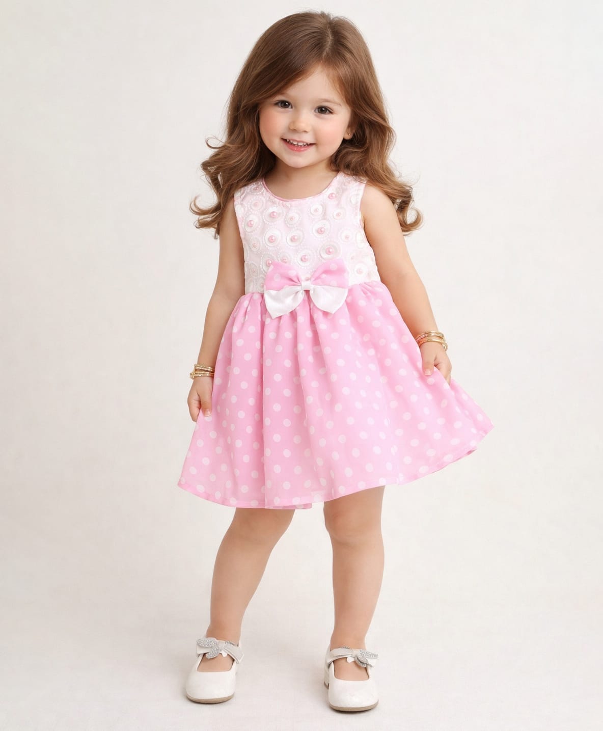 The Magic Wand Woven Sleeveless Polka Dot Printed Bow Applique Detailed Pearl Embellished Dress - Pink-image-4