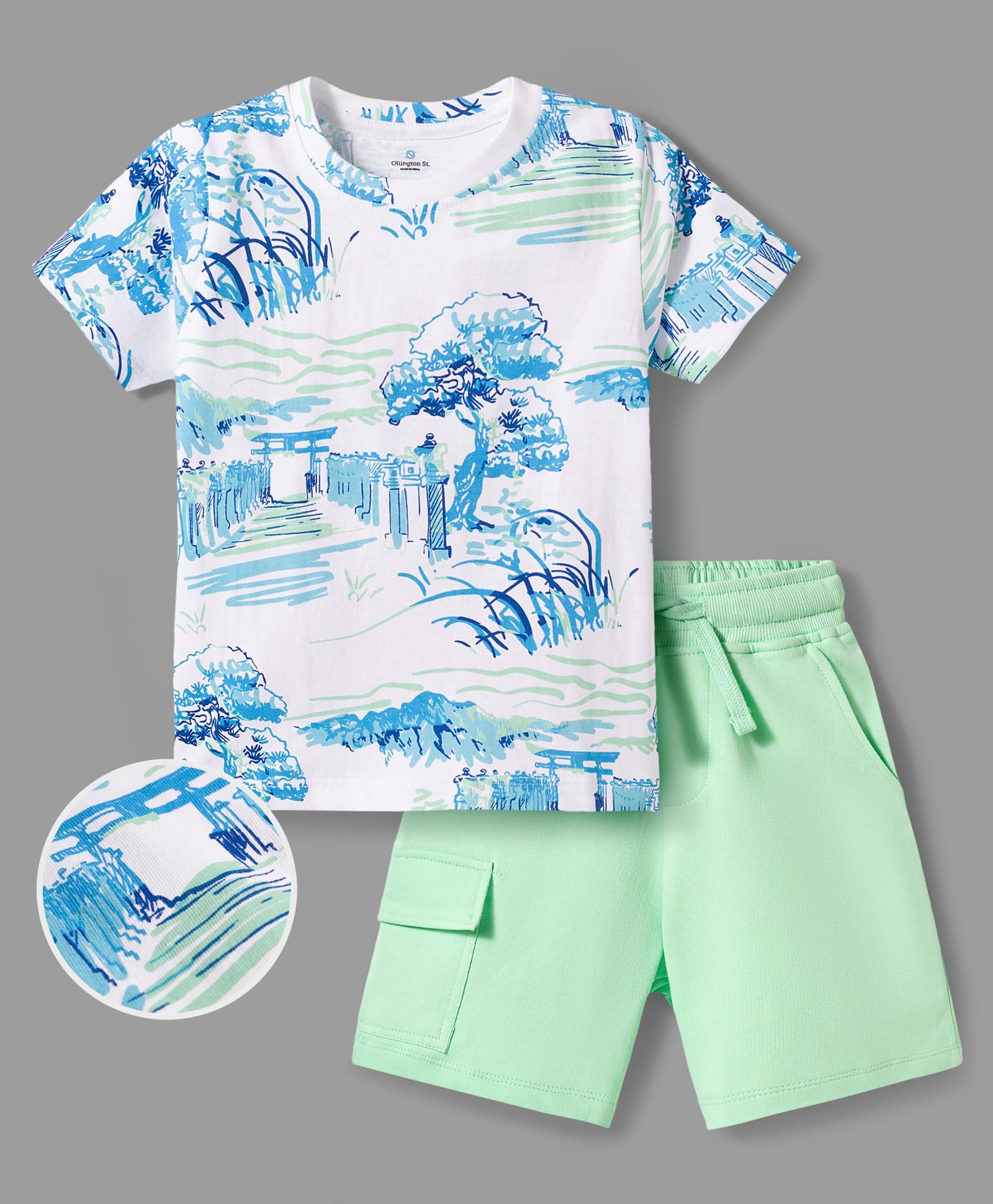 OLLINGTON ST. Cotton Knit Printed Half Sleeves T-Shirt & Shorts Set - Multicolour & Mint-image-43