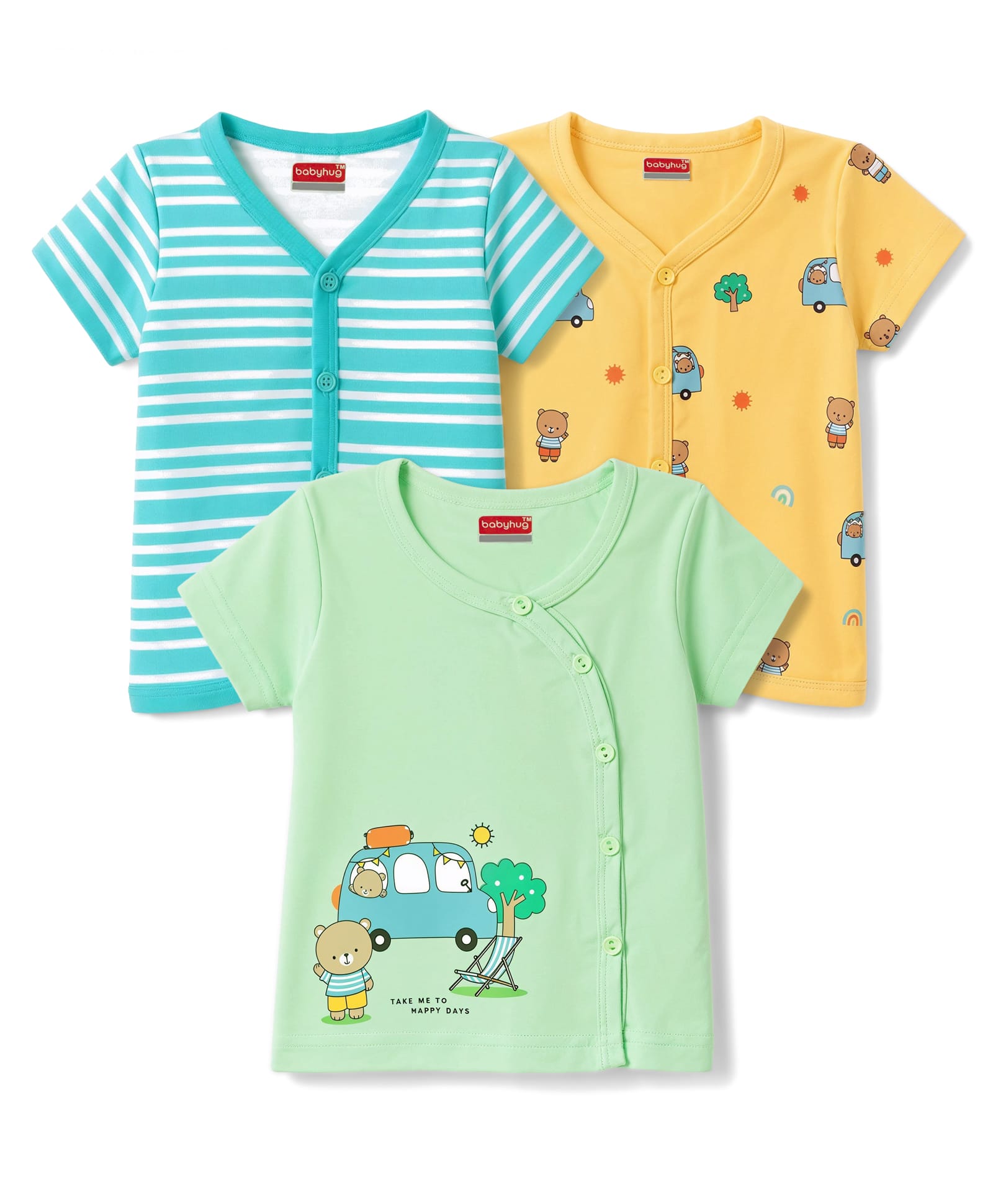 Babyhug 100% Cotton Knit Half Sleeves Striped Vehicles & Bear Printed Jhablas Pack Of 3 - Light Blue Yellow & Light Green-picture-26