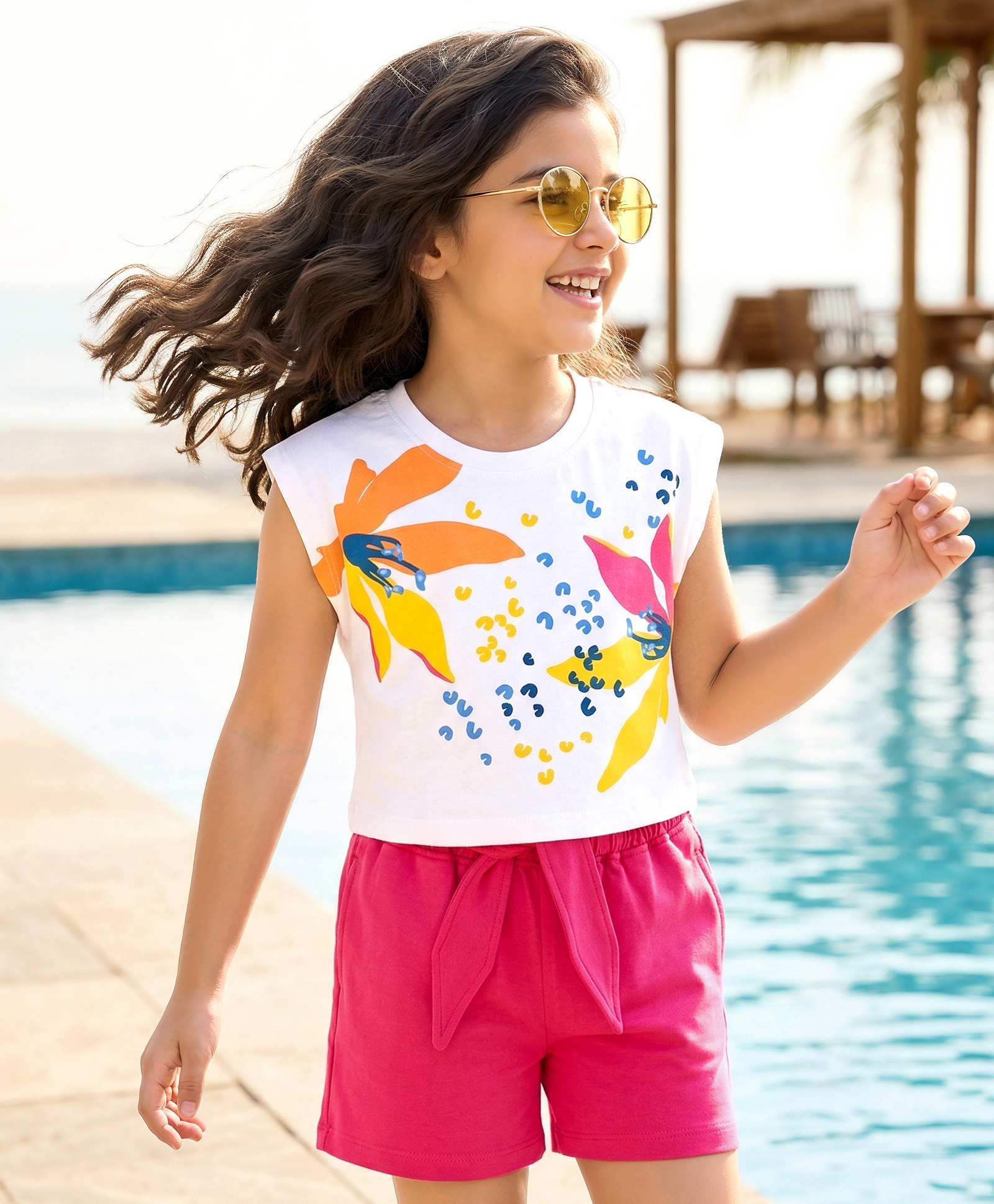 OLLINGTON ST. Cotton Knit Sleeveless Printed Top & Shorts Set - Multicolour & Pink-image-9