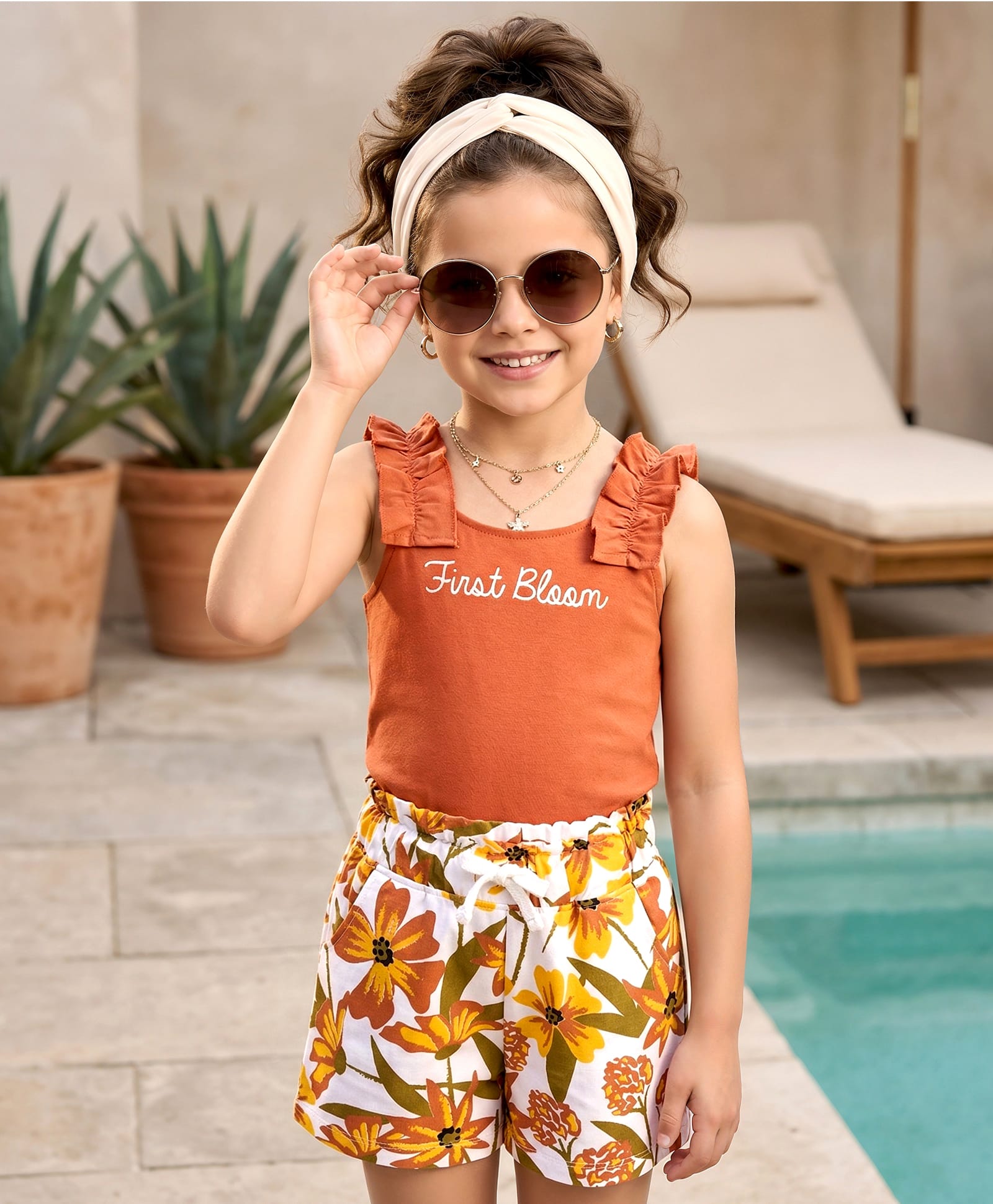 OLLINGTON ST. Cotton Knit Sleeveless Frill Top & Printed Shorts Set - Multicolour & Rust-image-31