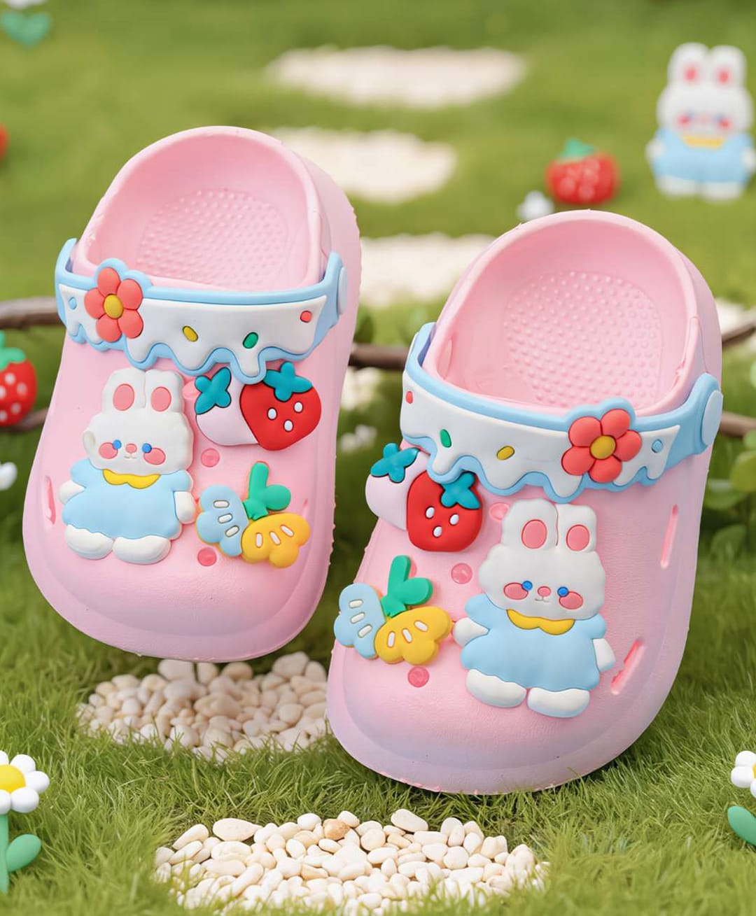 Yellow Bee Bunny & Fruits Applique Detailed Perforated Slingback Clogs - Pink-image-28