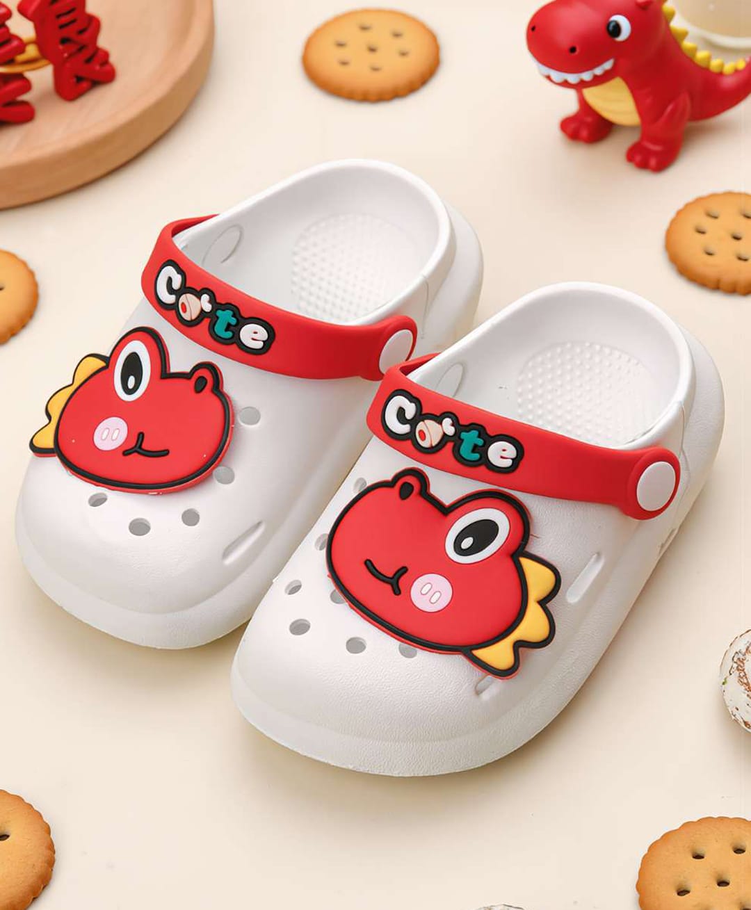 Yellow Bee Dinosaur & Cute Text Applique Detailed Perforated Slingback Clogs - White-picture-1