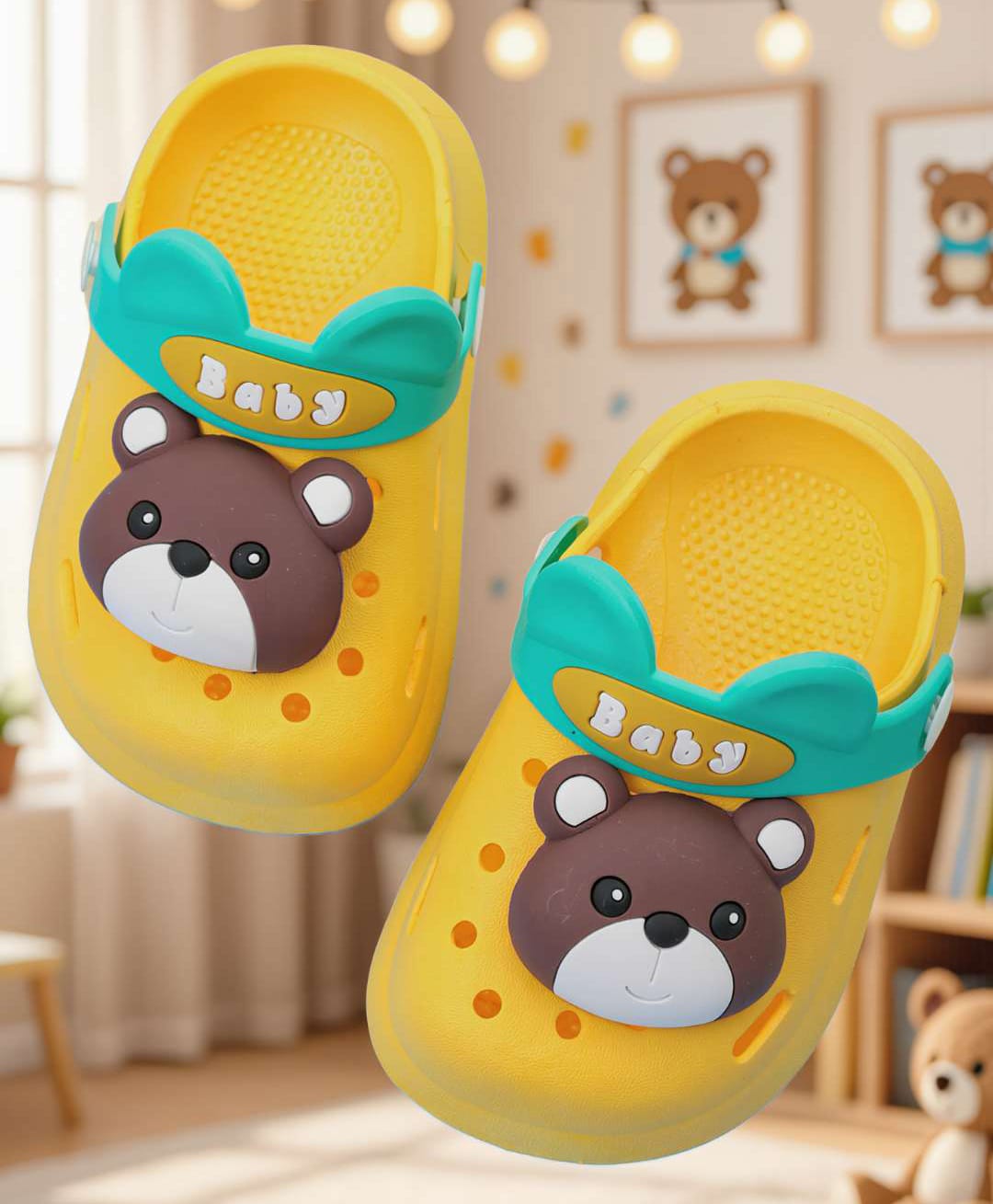 Yellow Bee Bear & Baby Text Applique Detailed Perforated Slingback Clogs - Yellow-picture-23